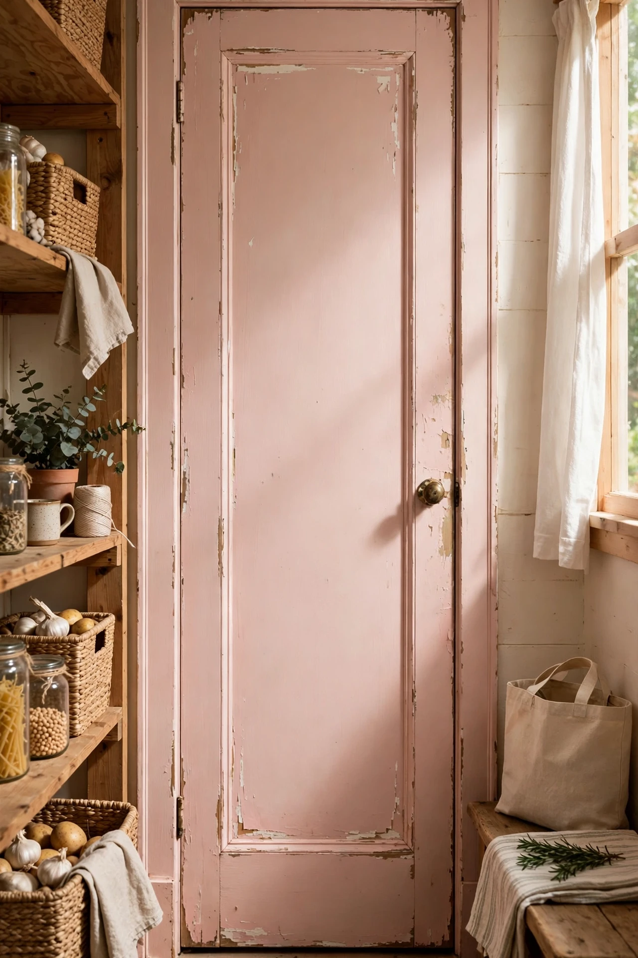 Blush Pink chalk-painted pantry door with a brass knob