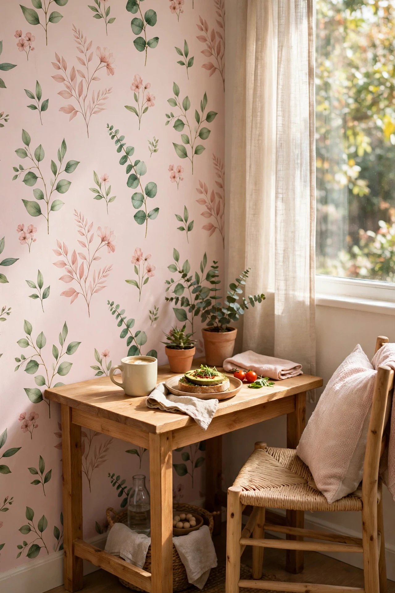 Removable blush botanical wallpaper in a breakfast nook