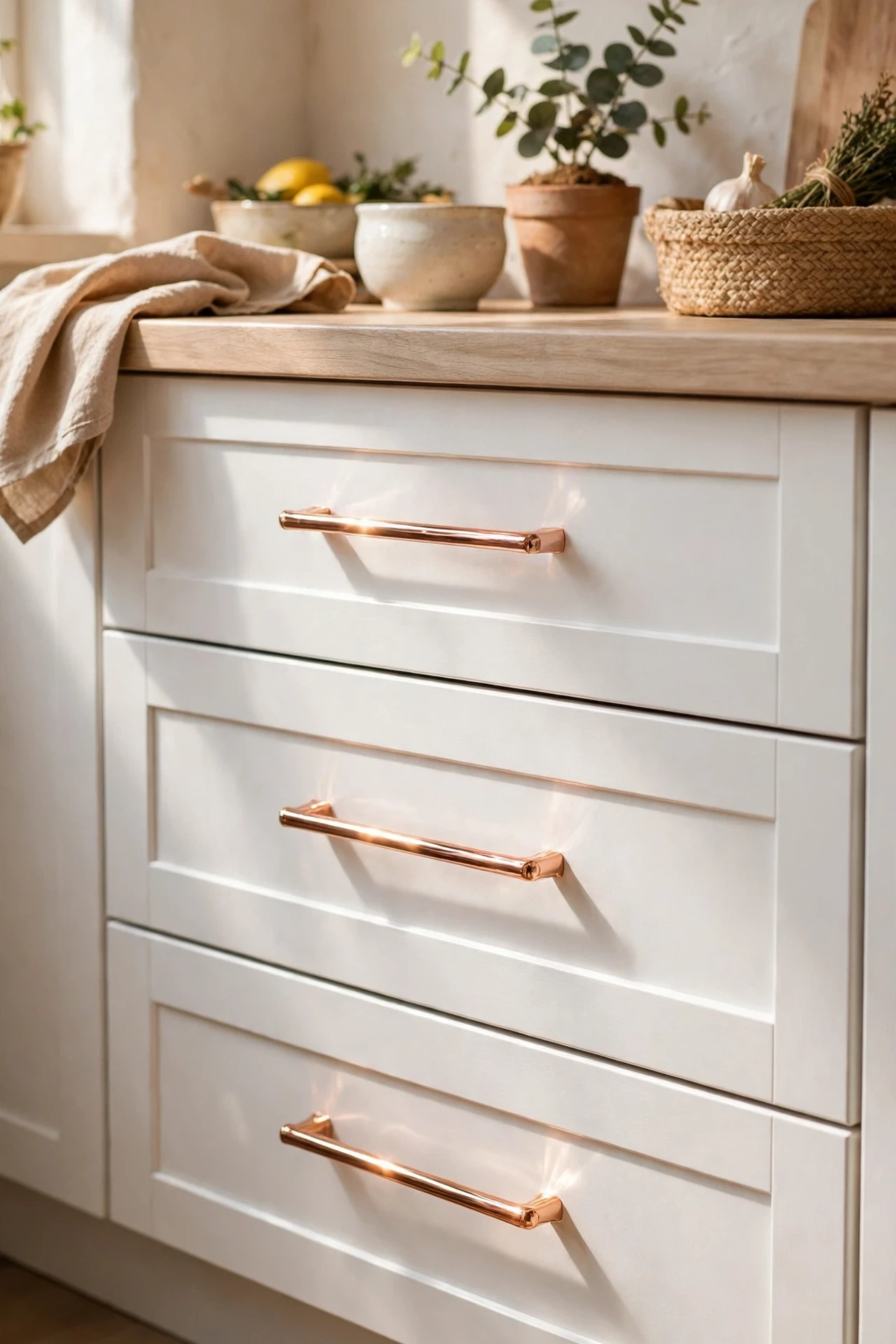 Rose-gold bar pulls on white kitchen drawers