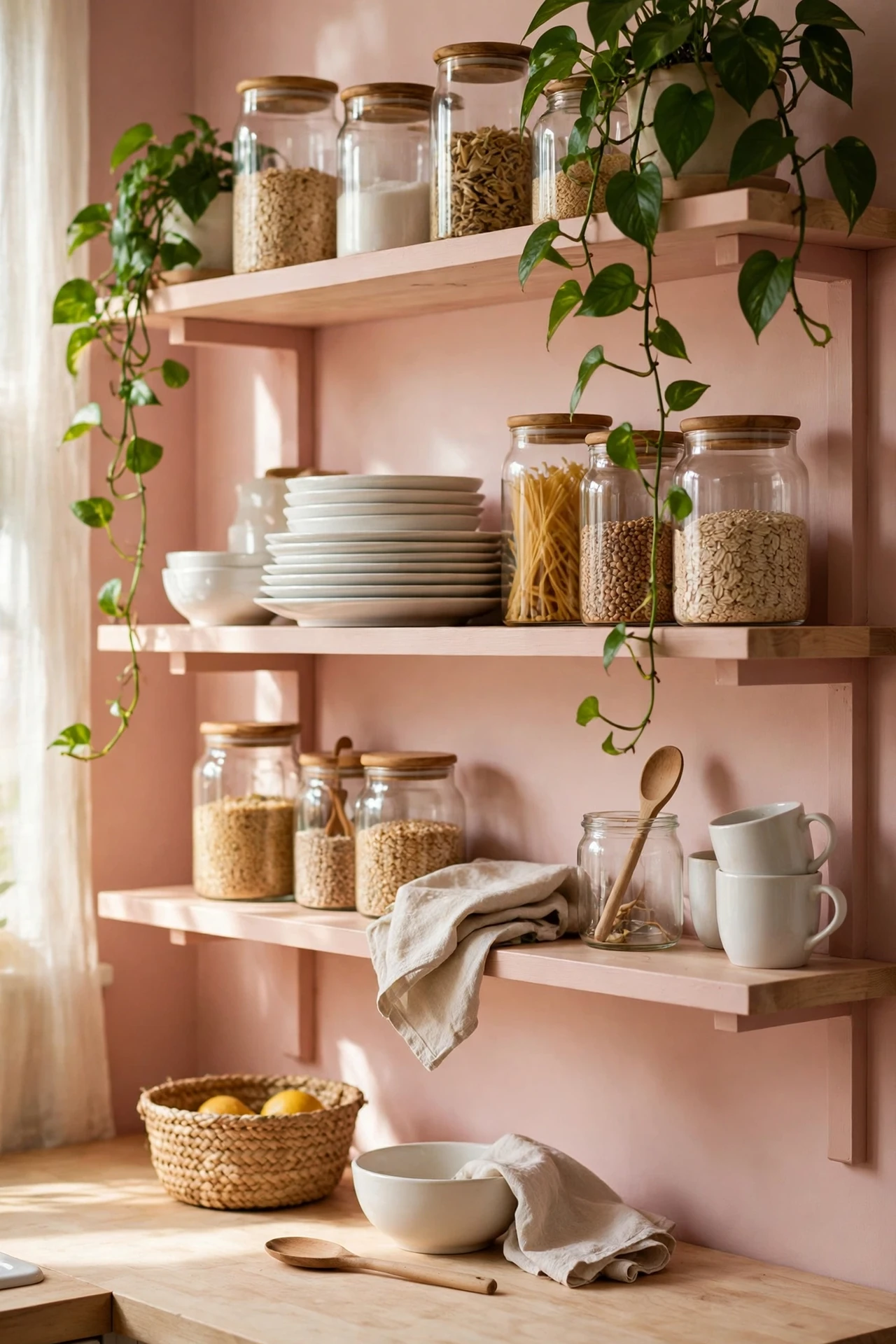 Blush Pink painted shelves with white crockery in a kitchen
