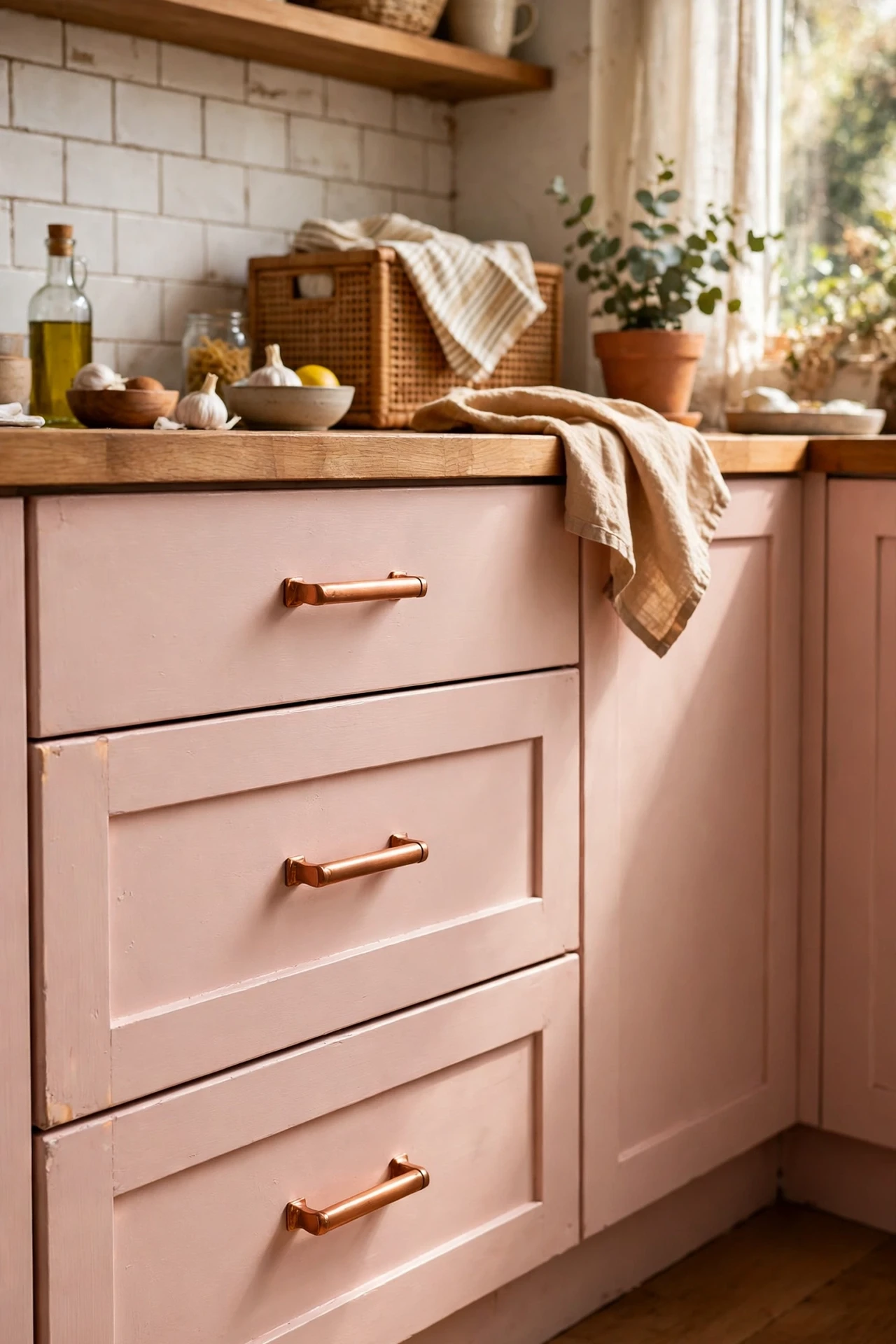 Copper bar pulls on blush kitchen drawers