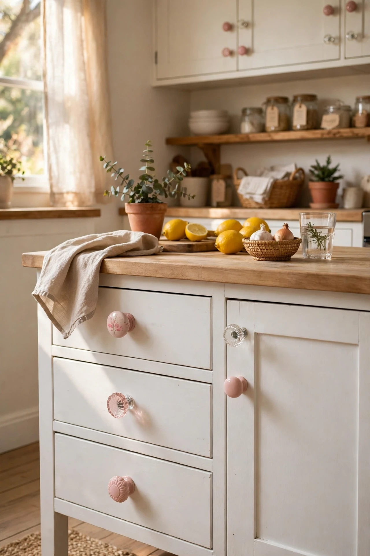 Blush Pink glass knobs on a white kitchen island