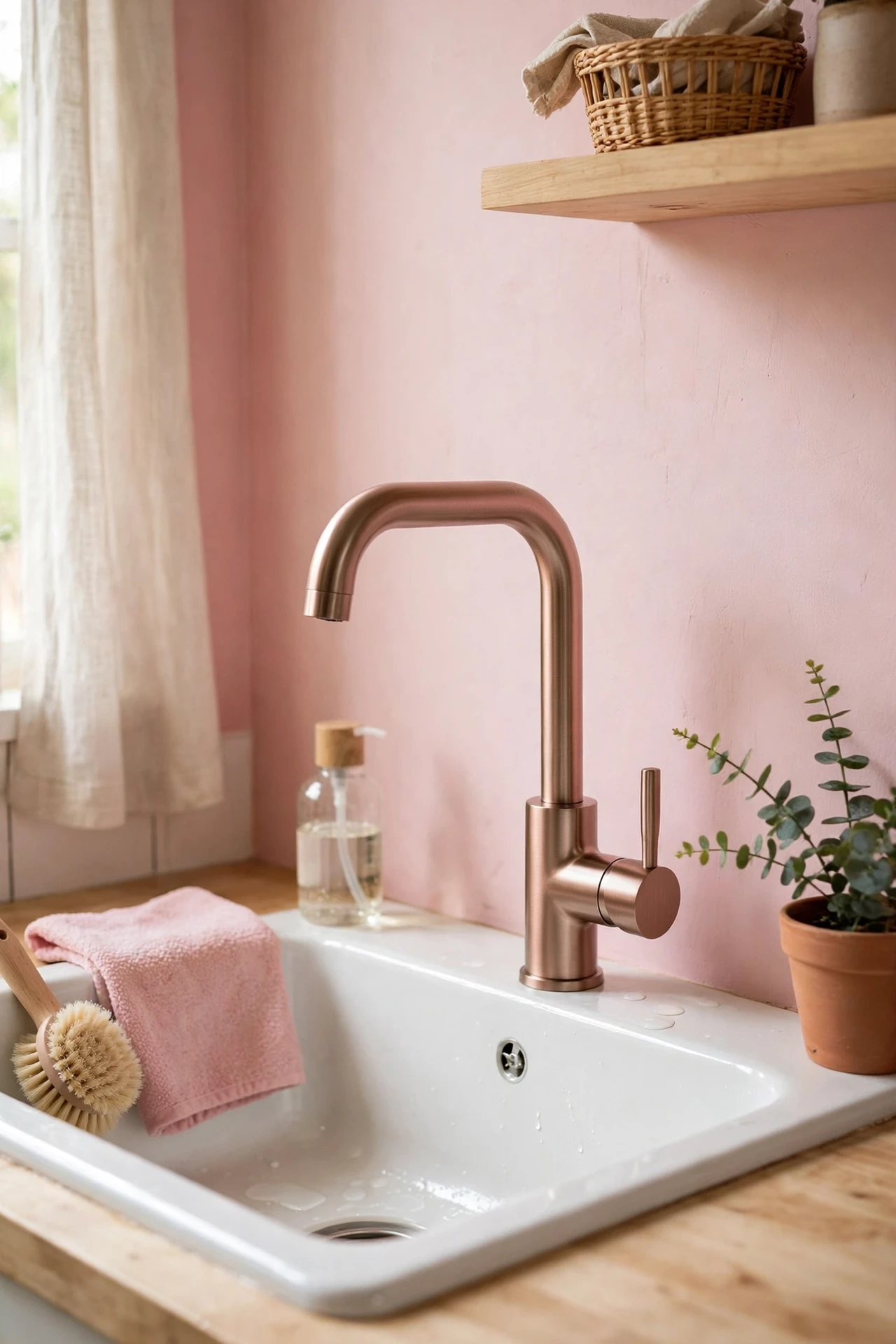 Brushed rose-gold tap with a white kitchen sink