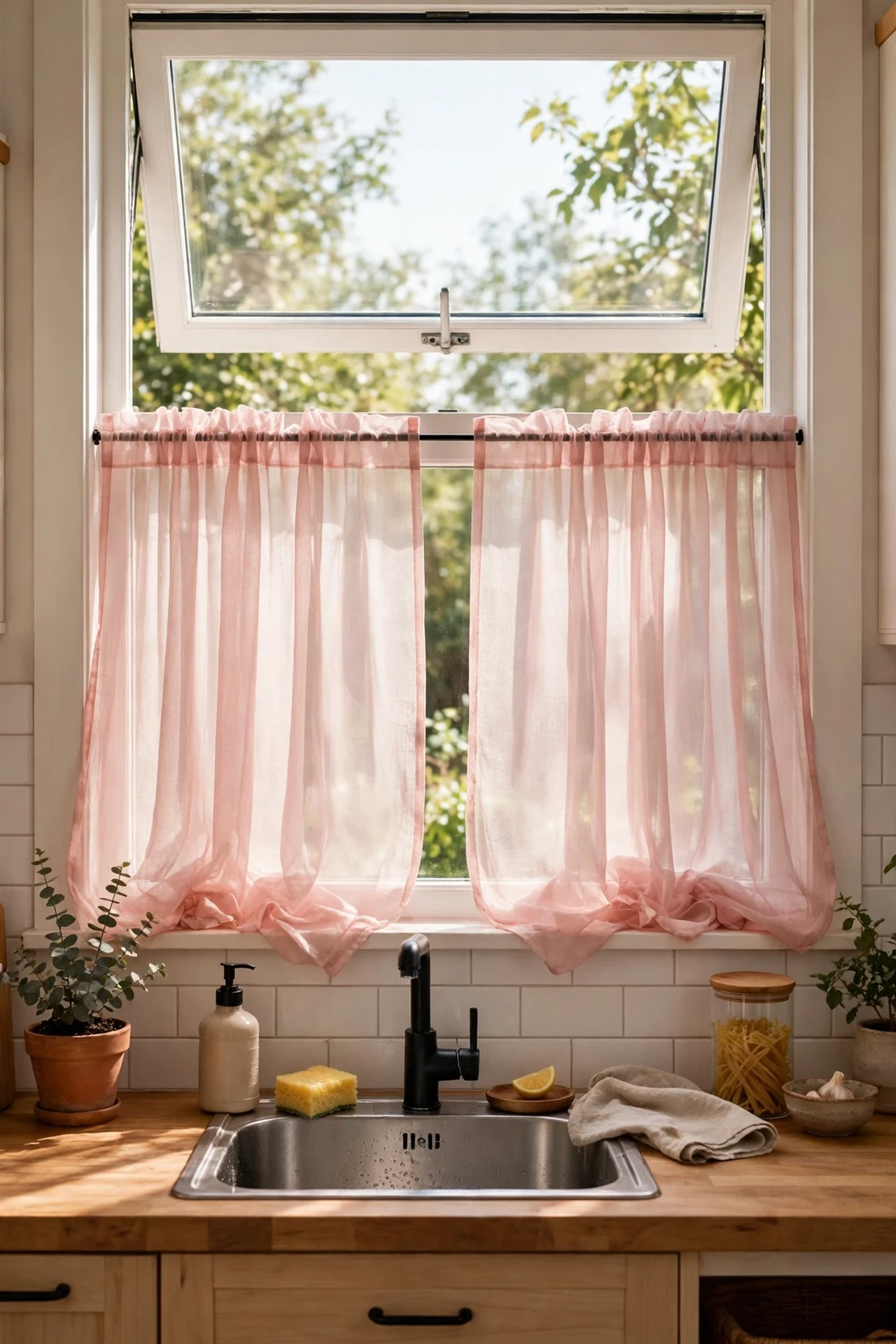 Blush Pink café curtains on a bright kitchen window