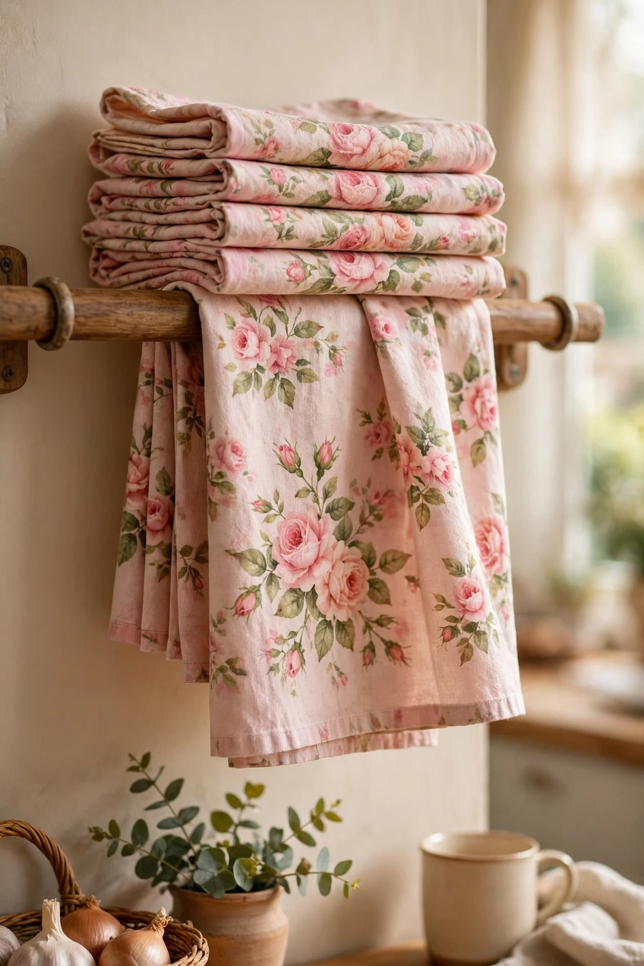 Vintage rose-print tea towels hanging in a kitchen