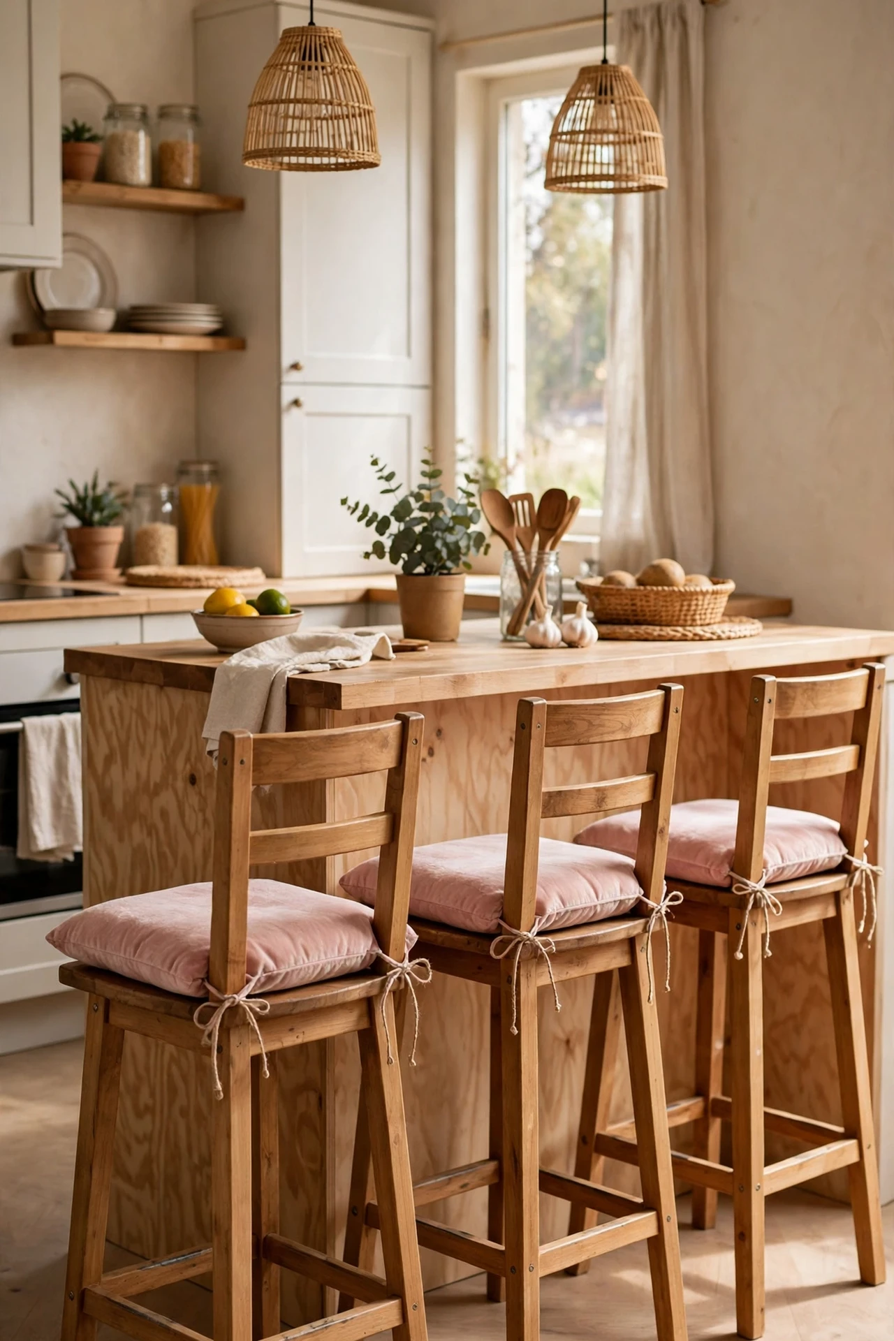 Blush Pink velvet cushions on wooden bar stools