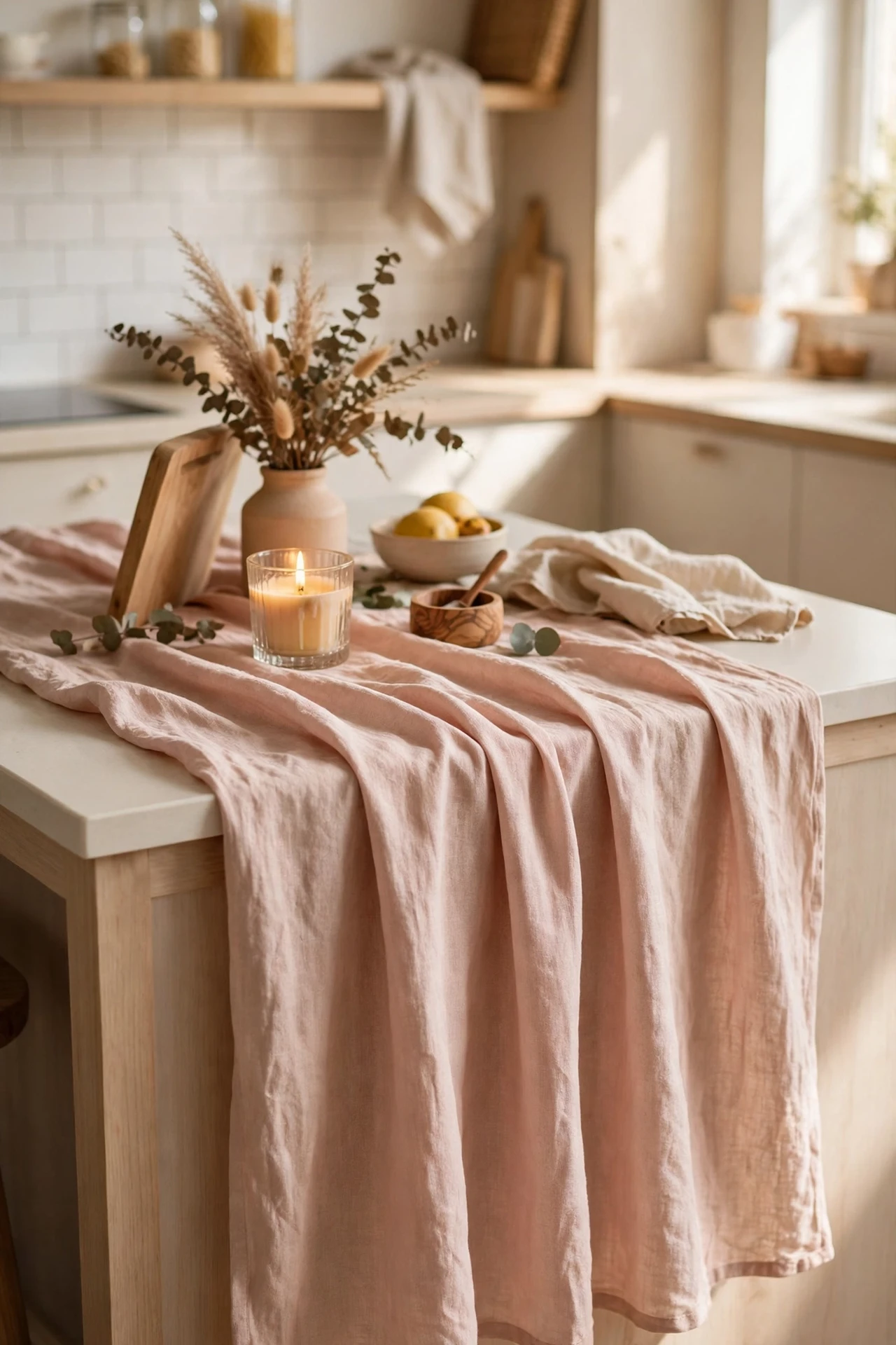 Blush linen table runner styled on a kitchen island