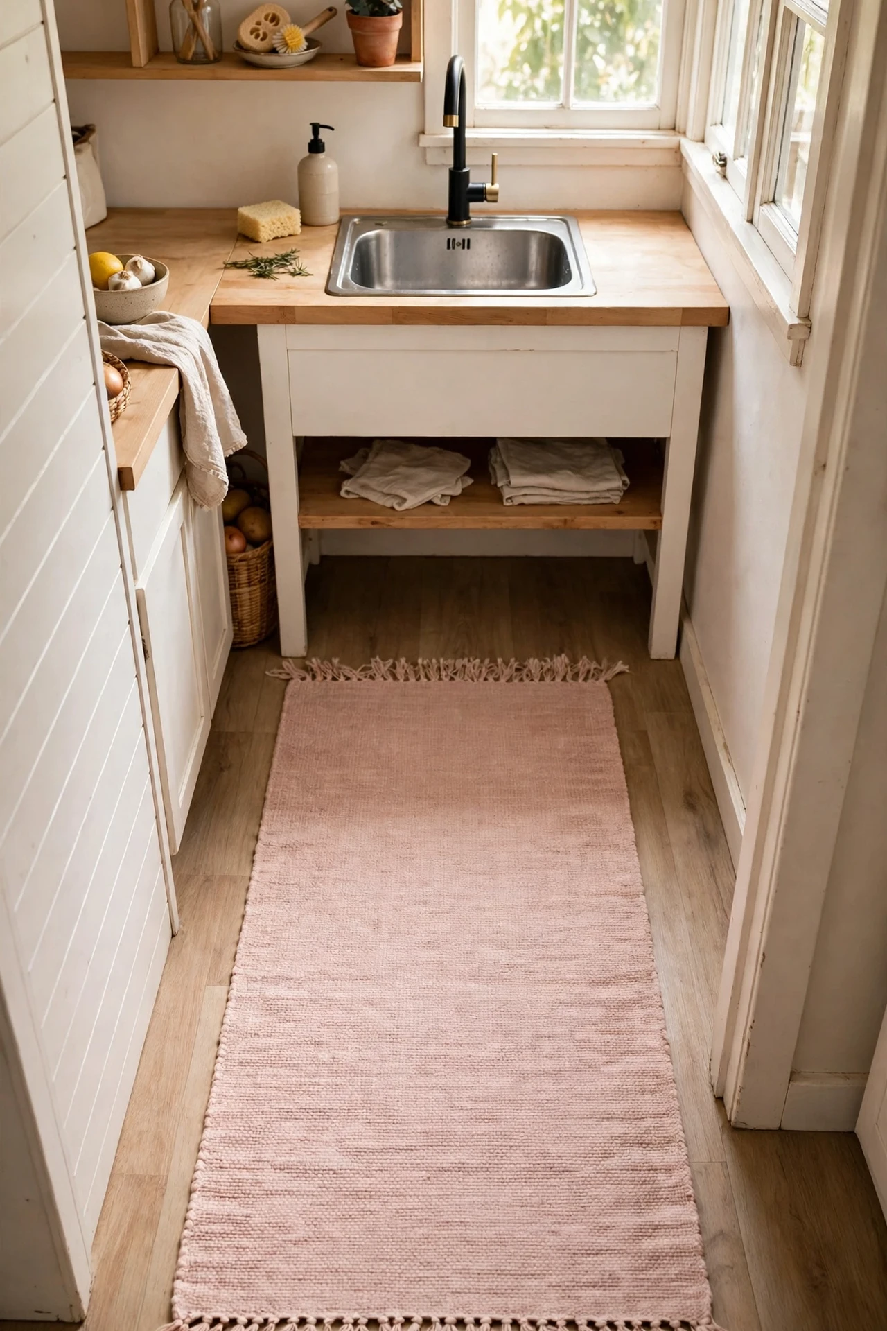 Blush Pink fringed runner rug in a bright kitchen