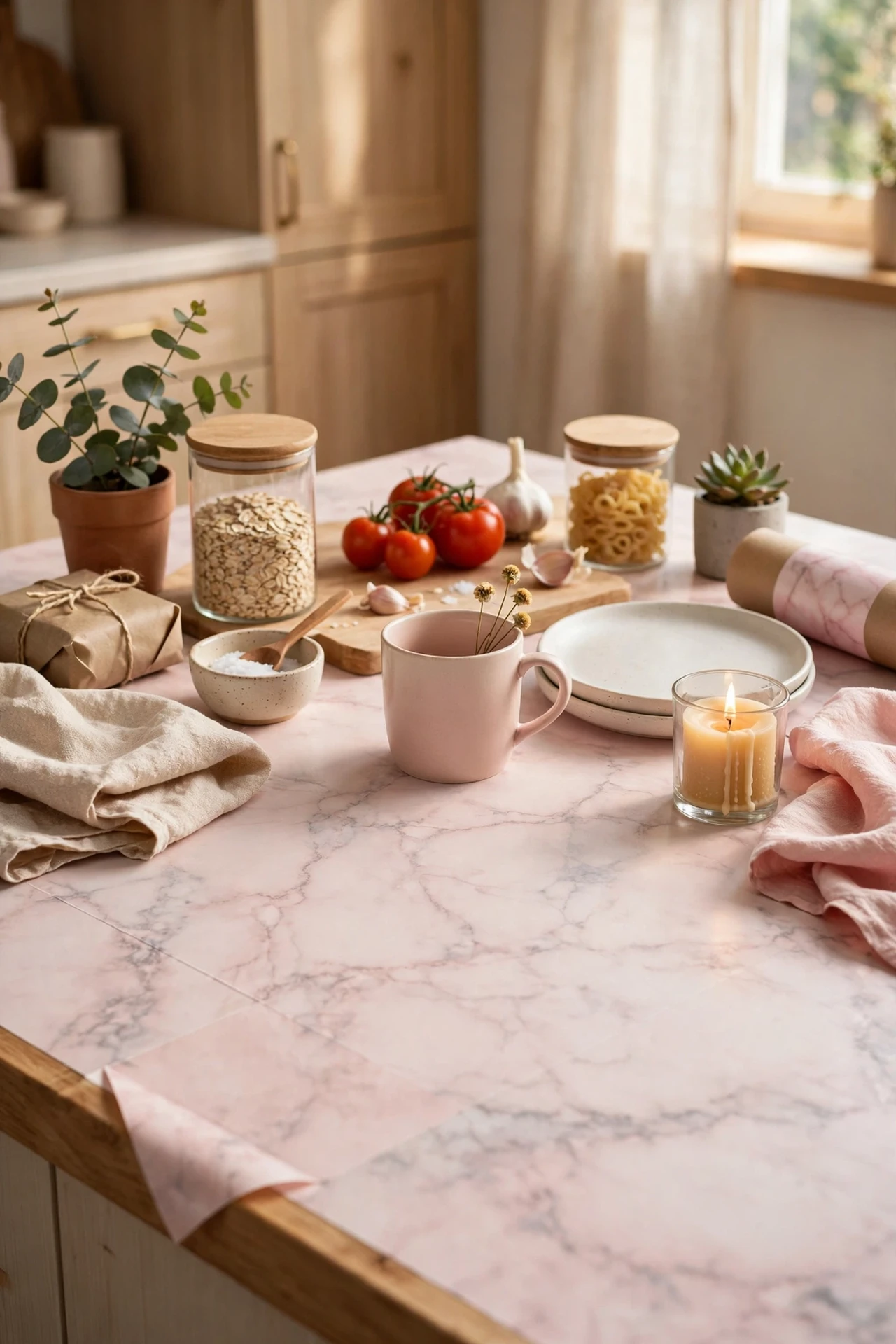 Blush marble contact paper on a kitchen worktop