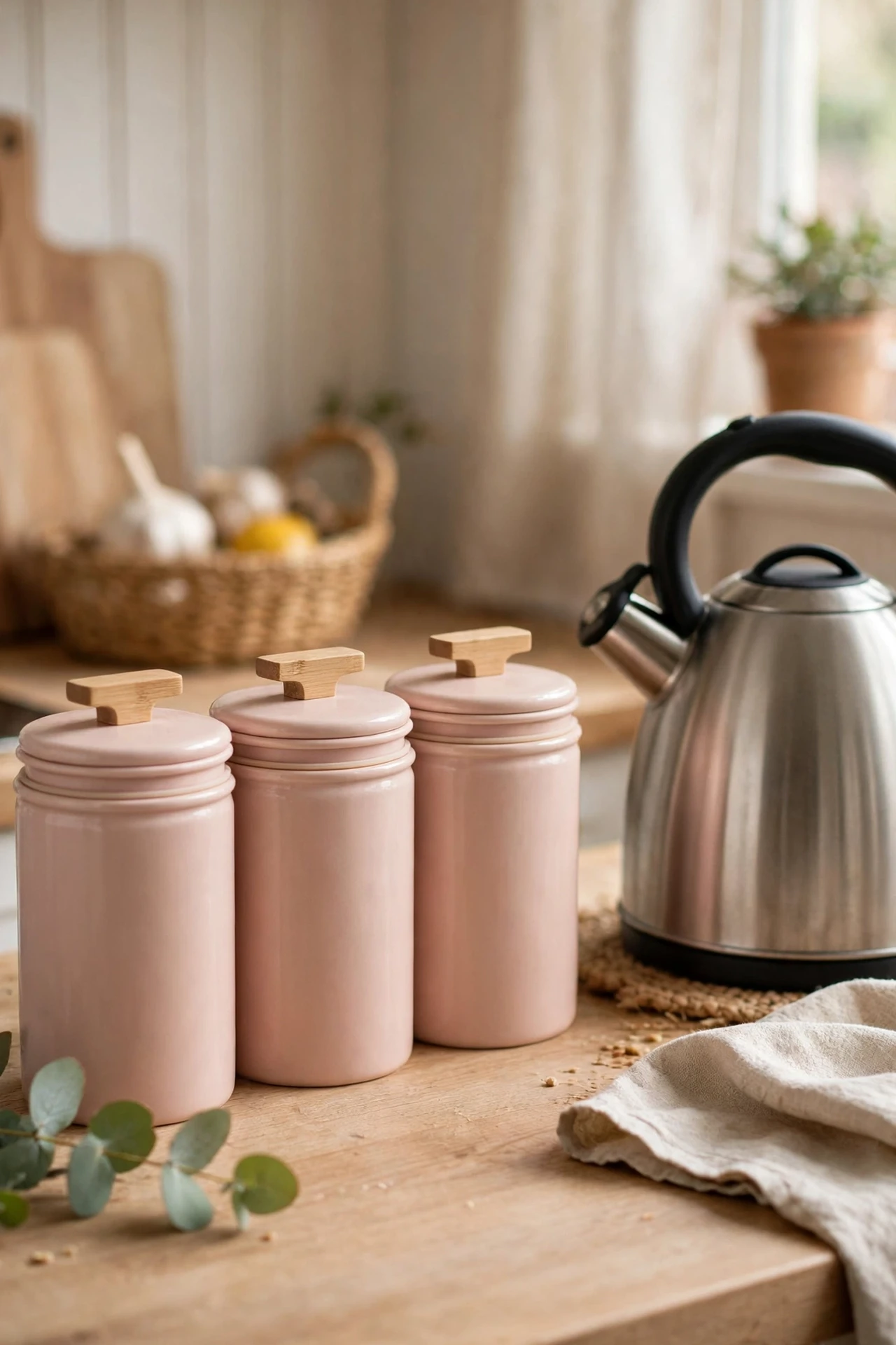 Blush ceramic canister set beside a kitchen kettle