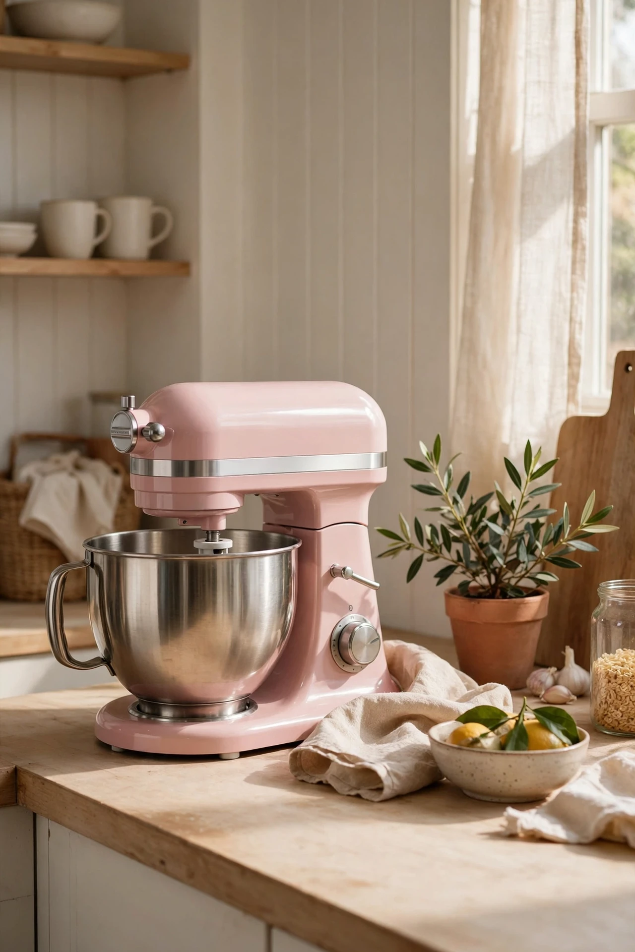 Blush Pink stand mixer on a styled kitchen worktop