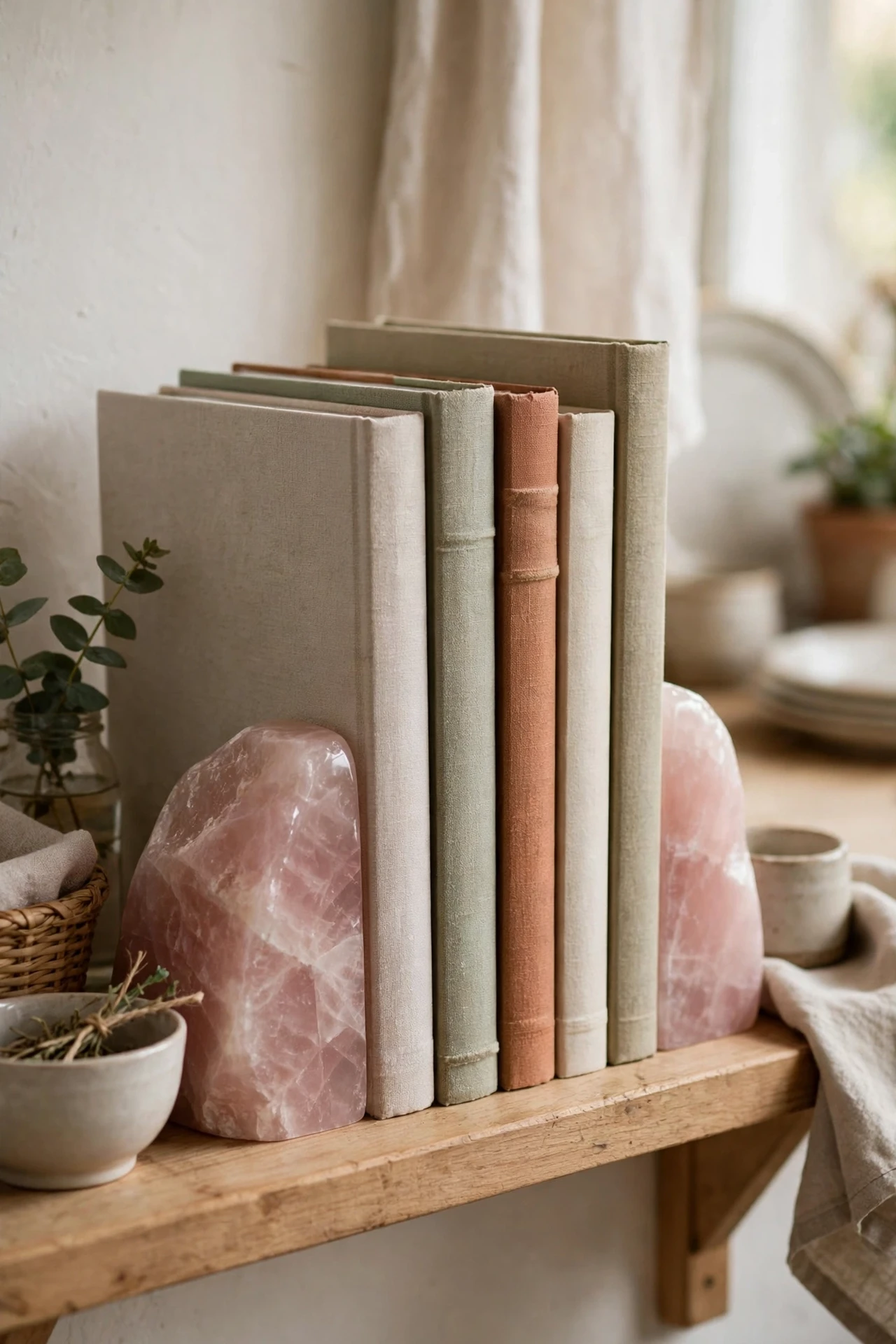 Rose quartz bookends holding cookbooks on a shelf