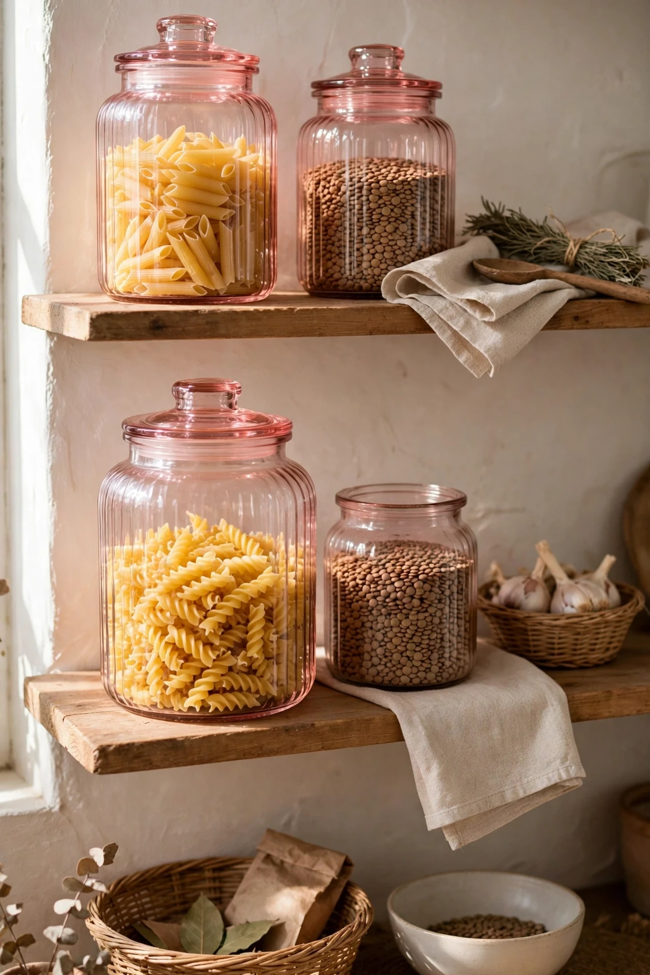 Blush Pink glass jars of dry goods on kitchen shelves
