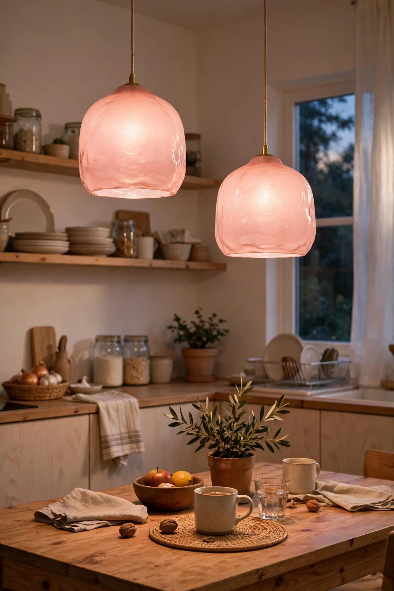 Blush Pink glass pendant shades over a kitchen table