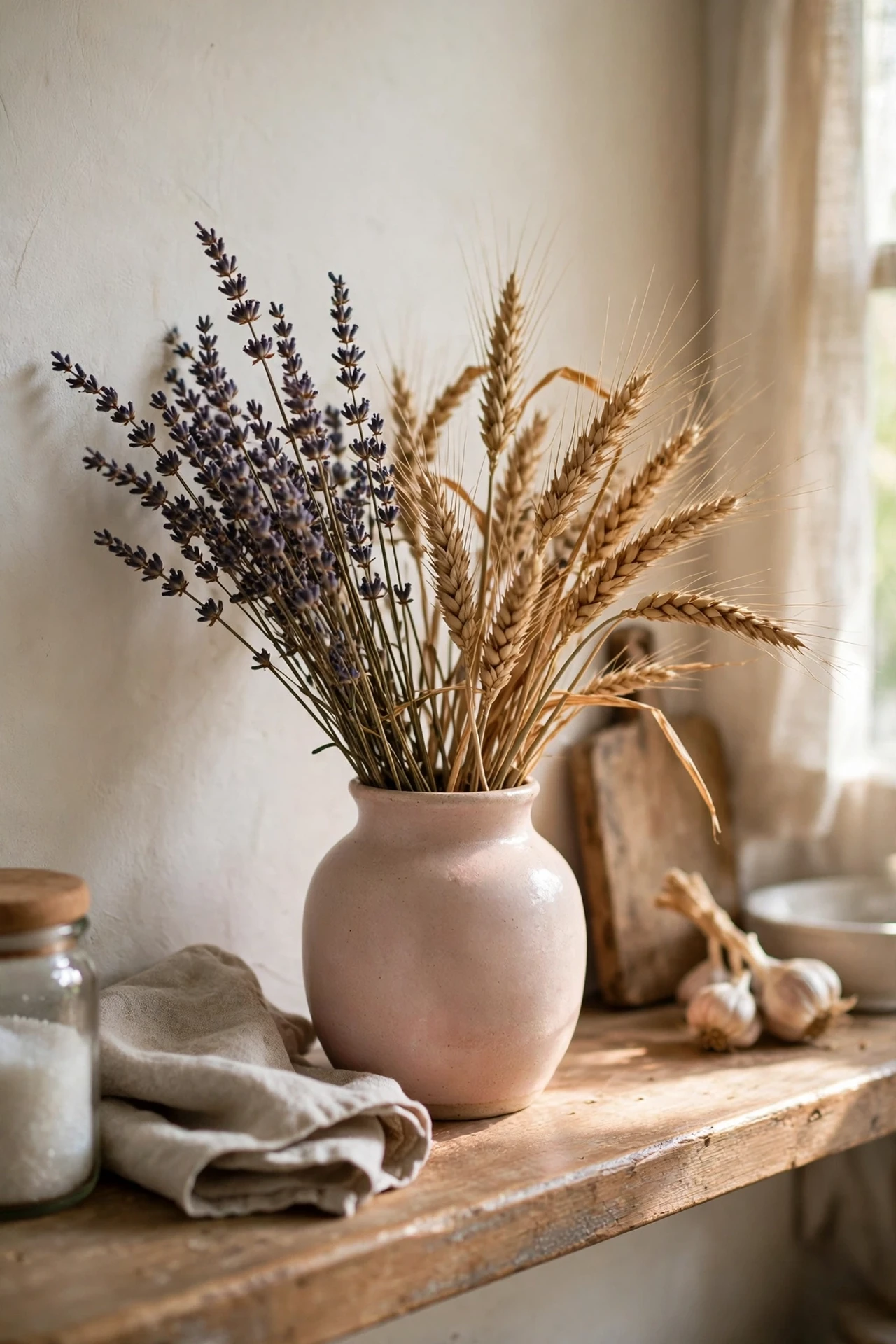 Dried flowers in a blush vase on a kitchen shelf