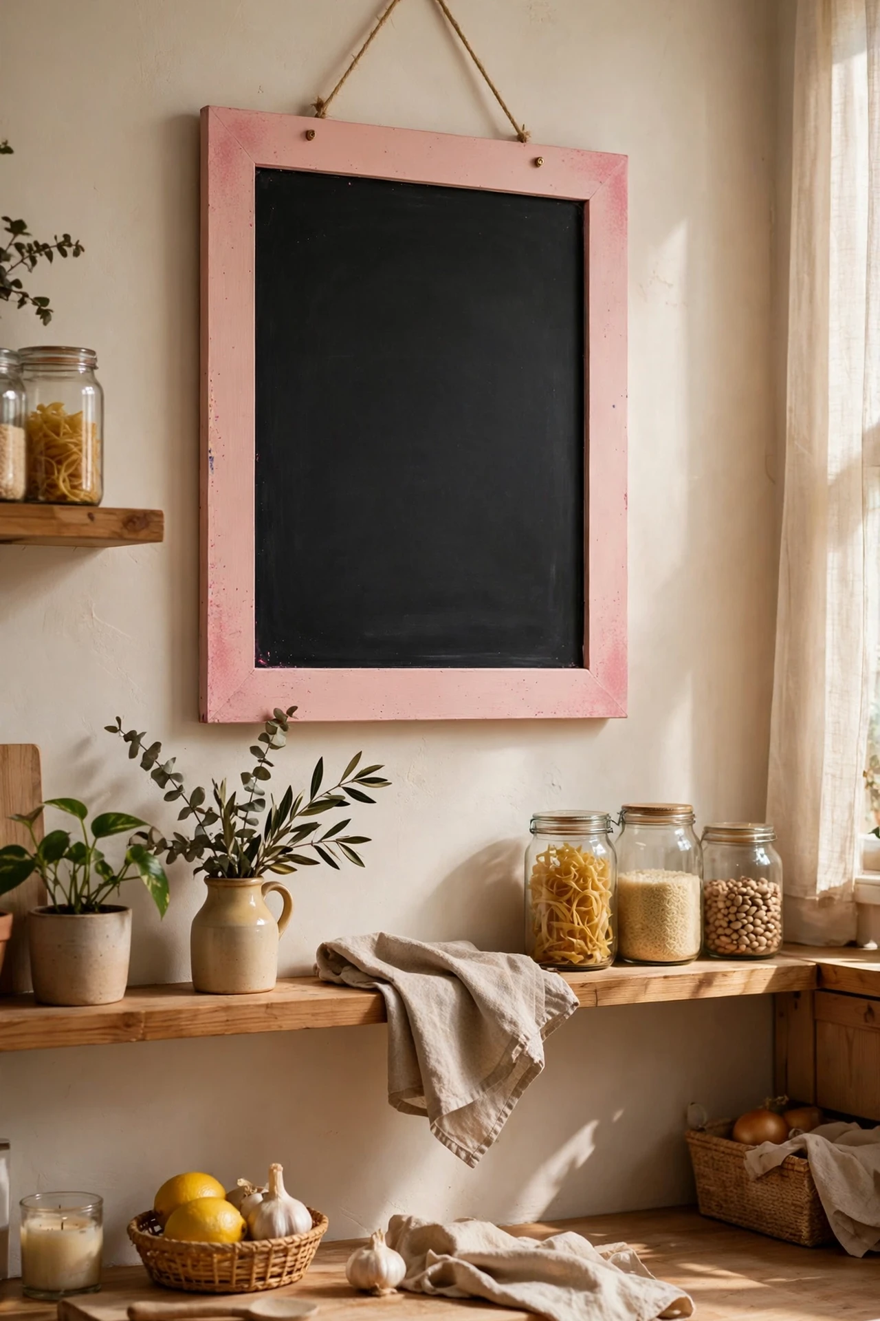 Blush Pink framed chalkboard menu in a kitchen