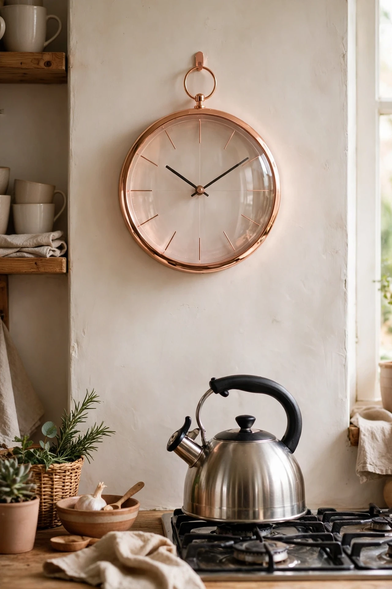 Rose-gold kitchen clock hanging above a kettle