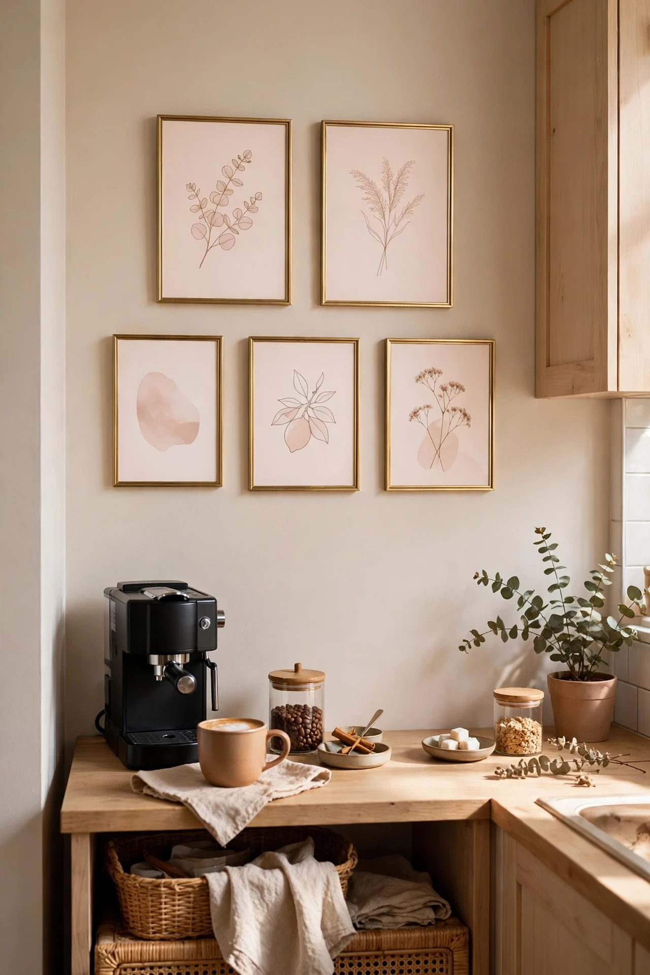 Gallery of blush-toned art above a coffee corner