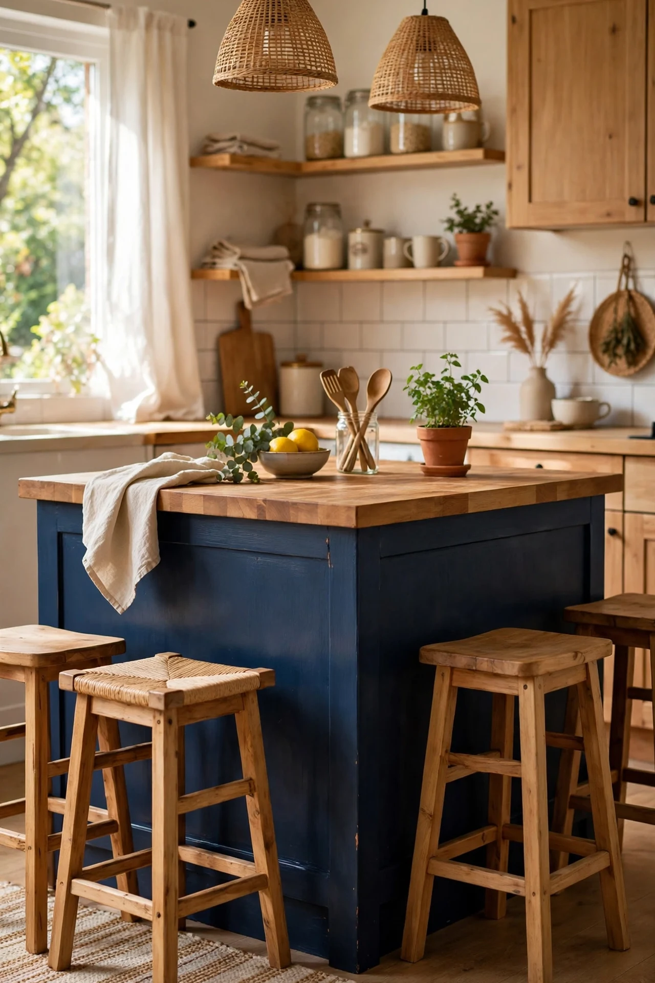 Navy blue kitchen island painted deep blue as room centerpiece