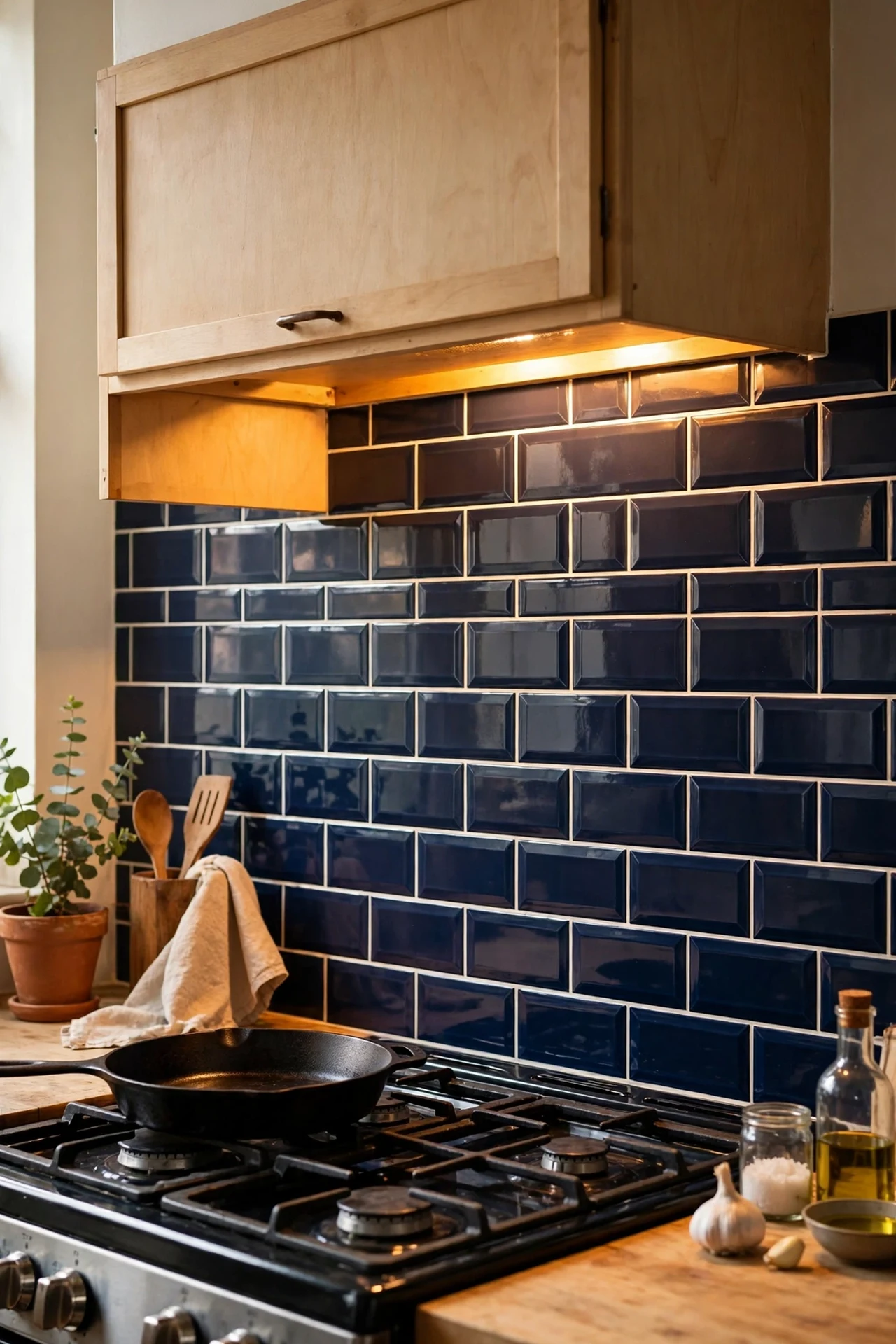 Glossy navy subway tile backsplash with light grey grout lines