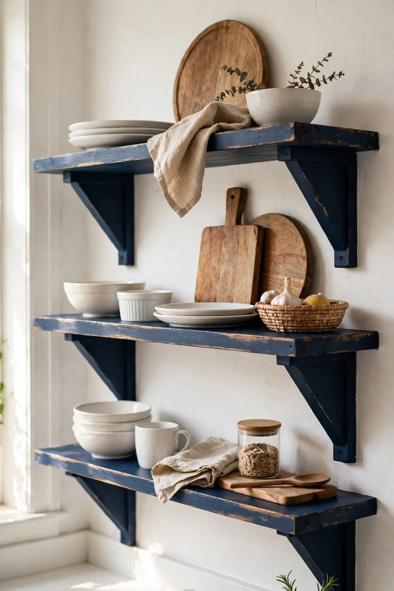 Navy open kitchen shelves styled with white dishes and boards