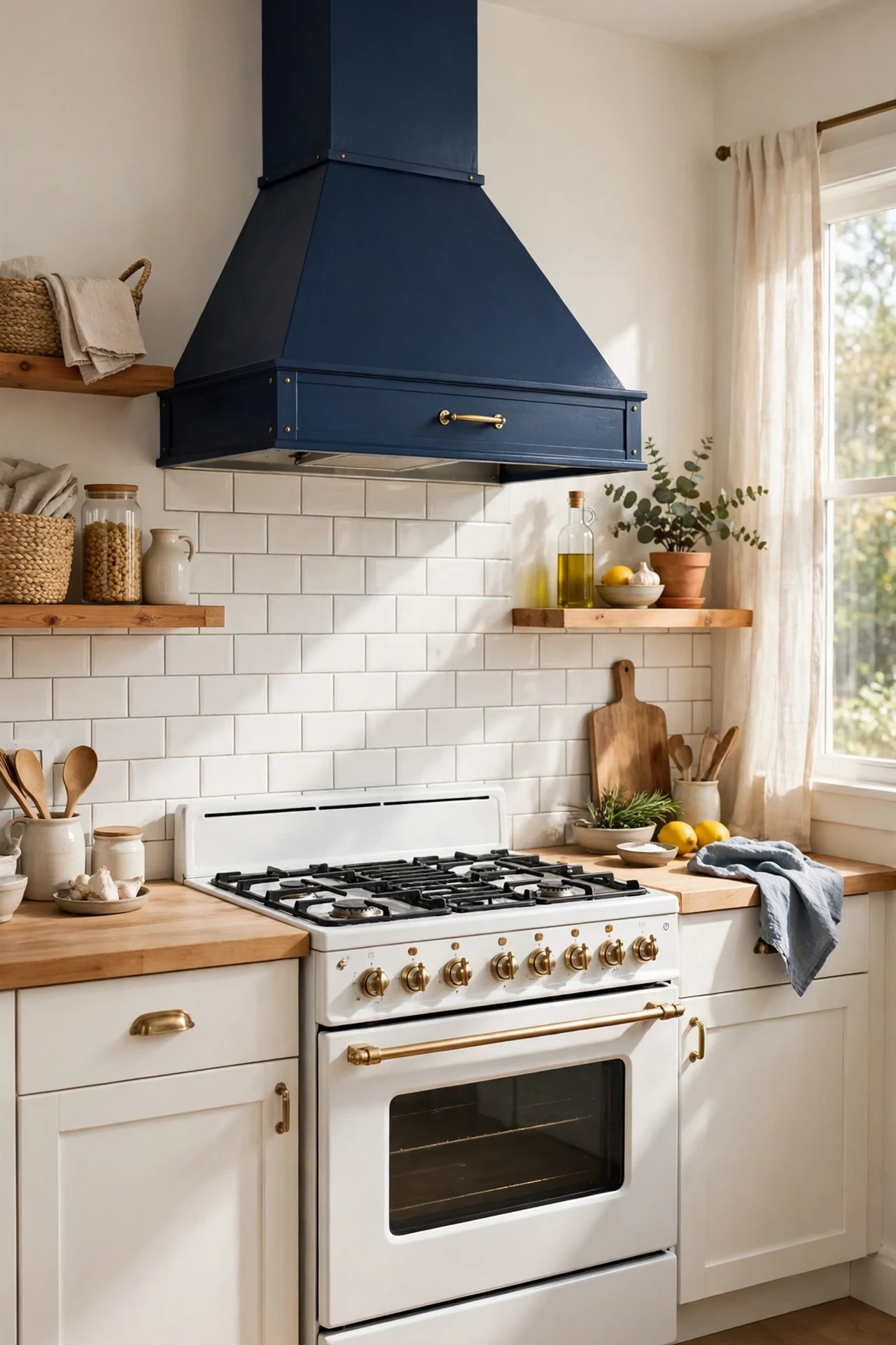 Navy painted range hood as bold kitchen focal point