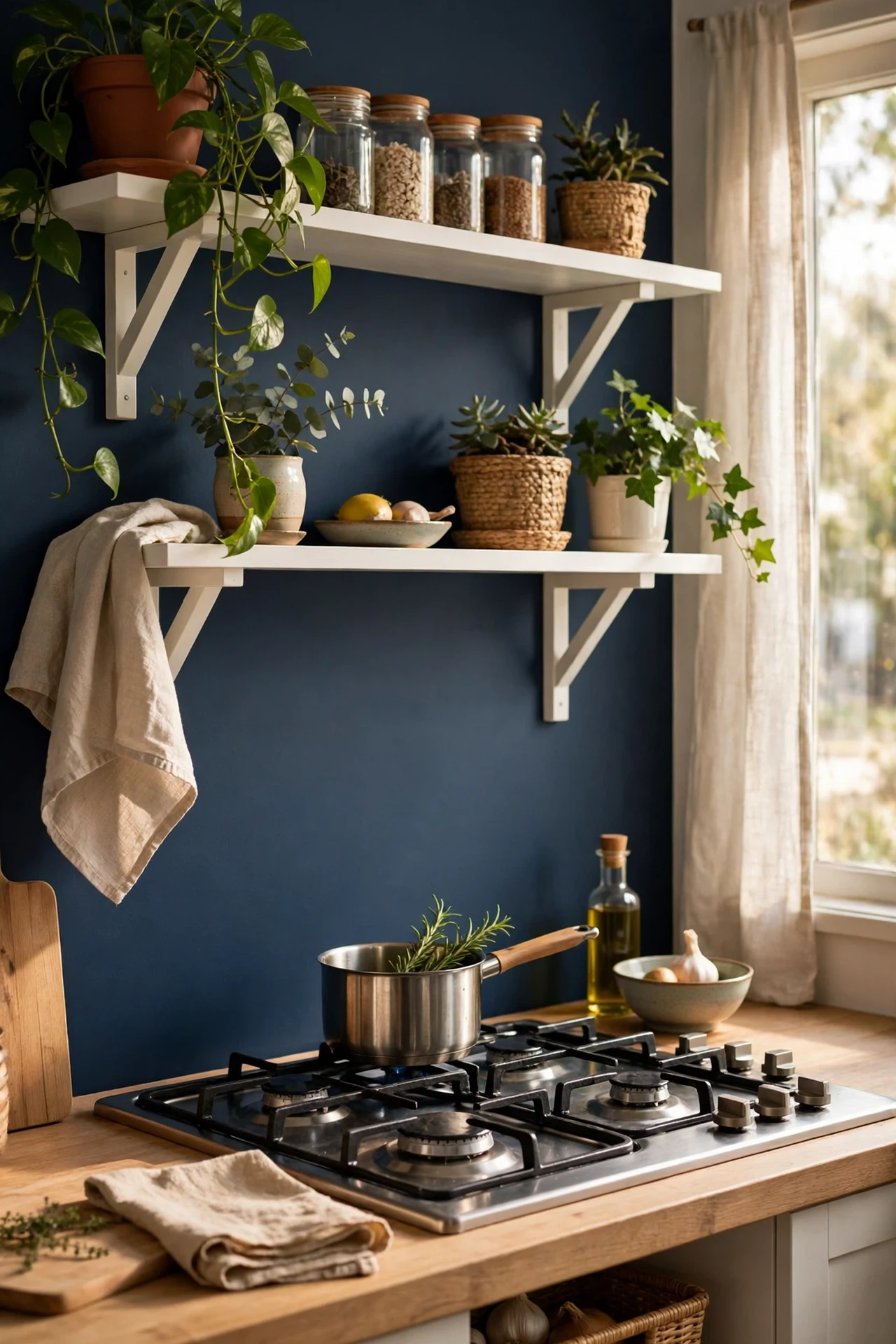 Navy accent wall painted behind a kitchen cooktop