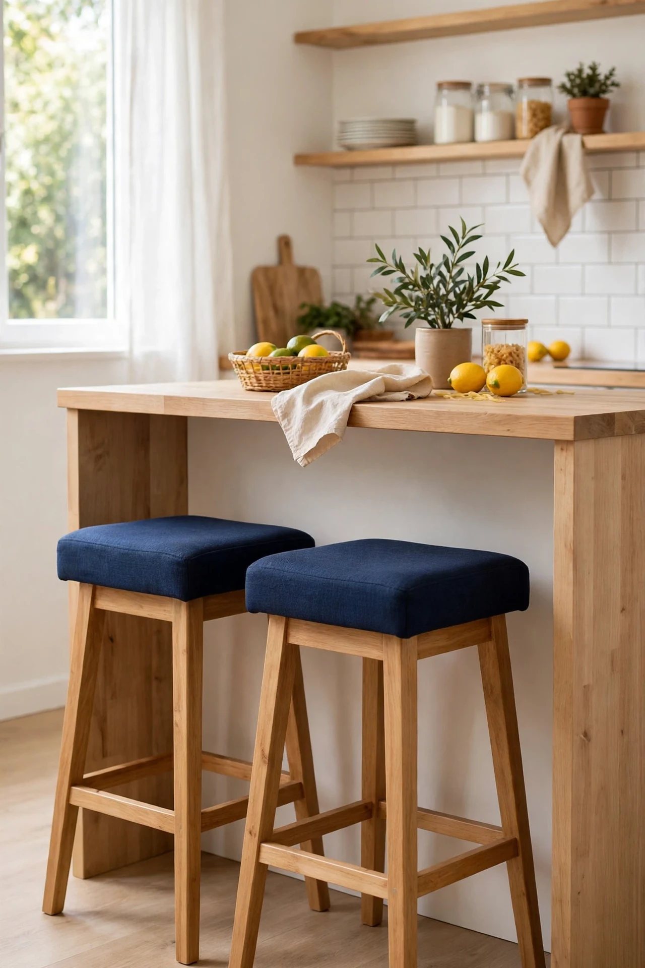 Navy bar stools with bare wooden legs at a breakfast bar