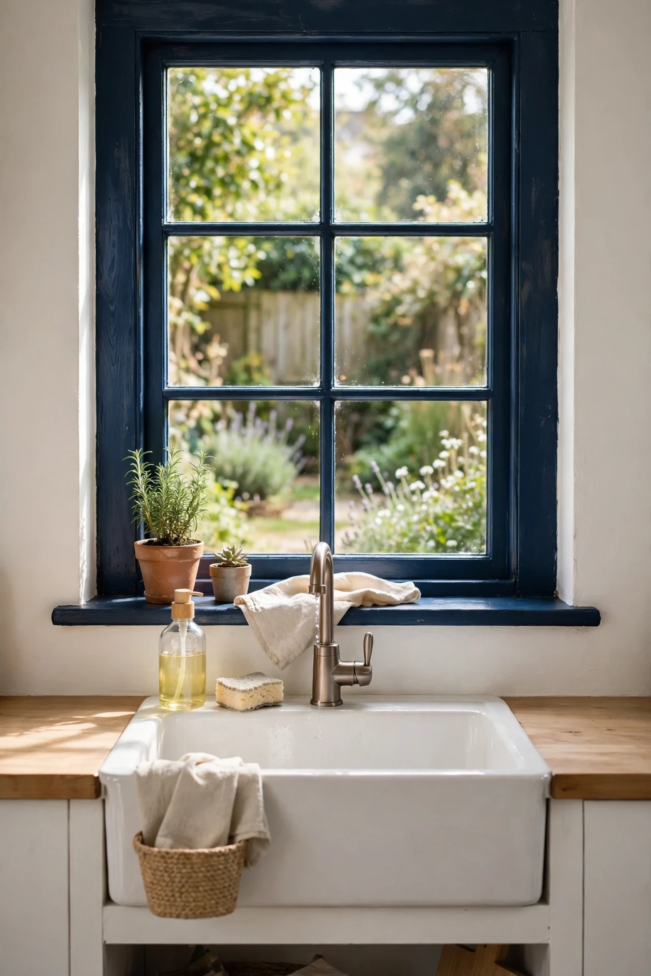 Navy painted window frame and sill over a kitchen sink