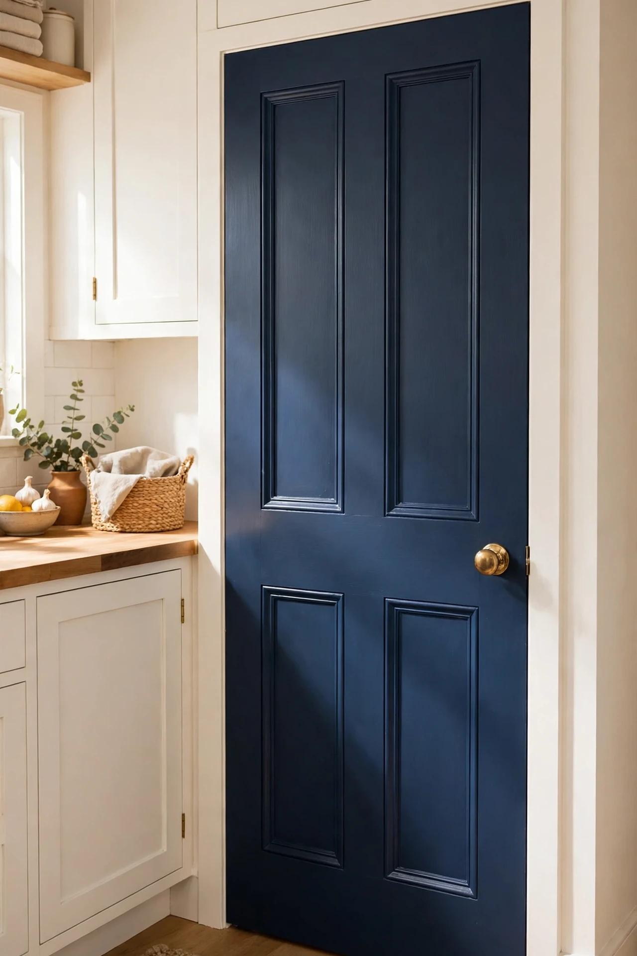 Navy pantry door with trim moulding painted deep blue