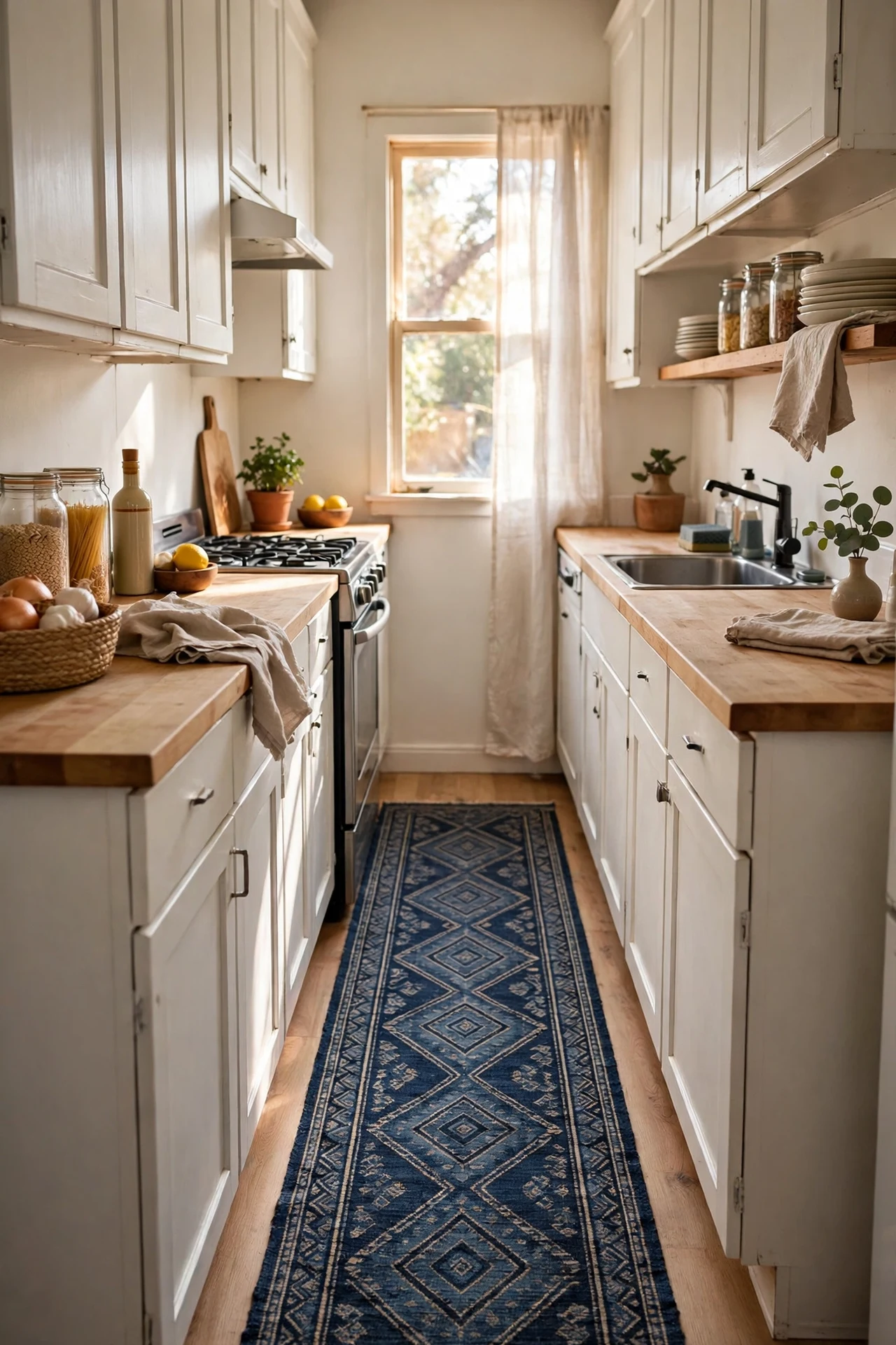 Patterned navy runner rug laid down a narrow galley kitchen
