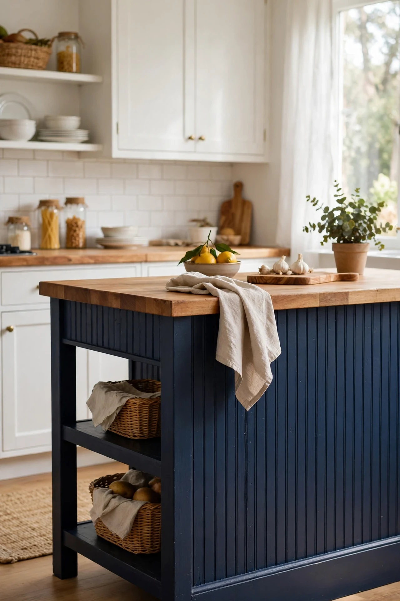 Kitchen island base wrapped in navy beadboard panels