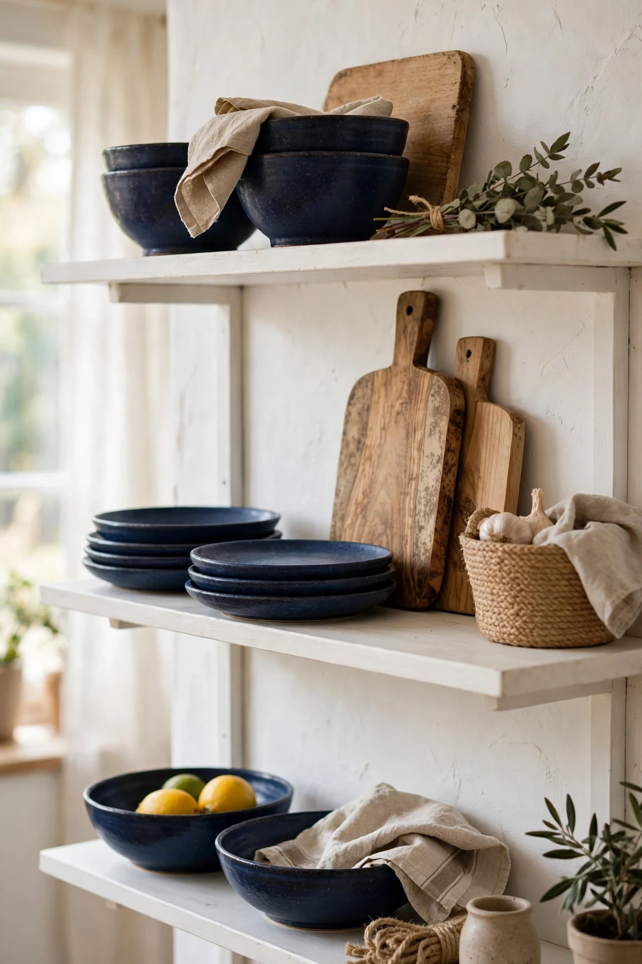 Navy stoneware dishes styled on white open kitchen shelves
