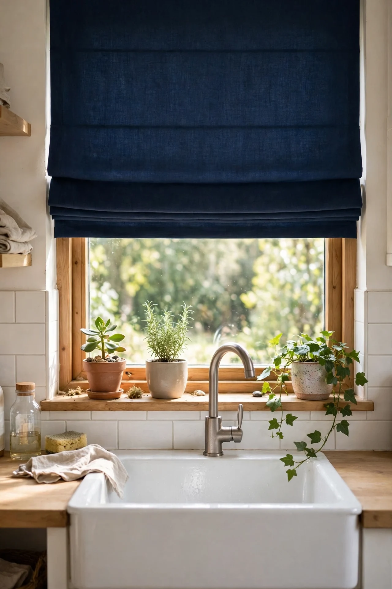 Navy roman shade hanging in a kitchen window over the sink