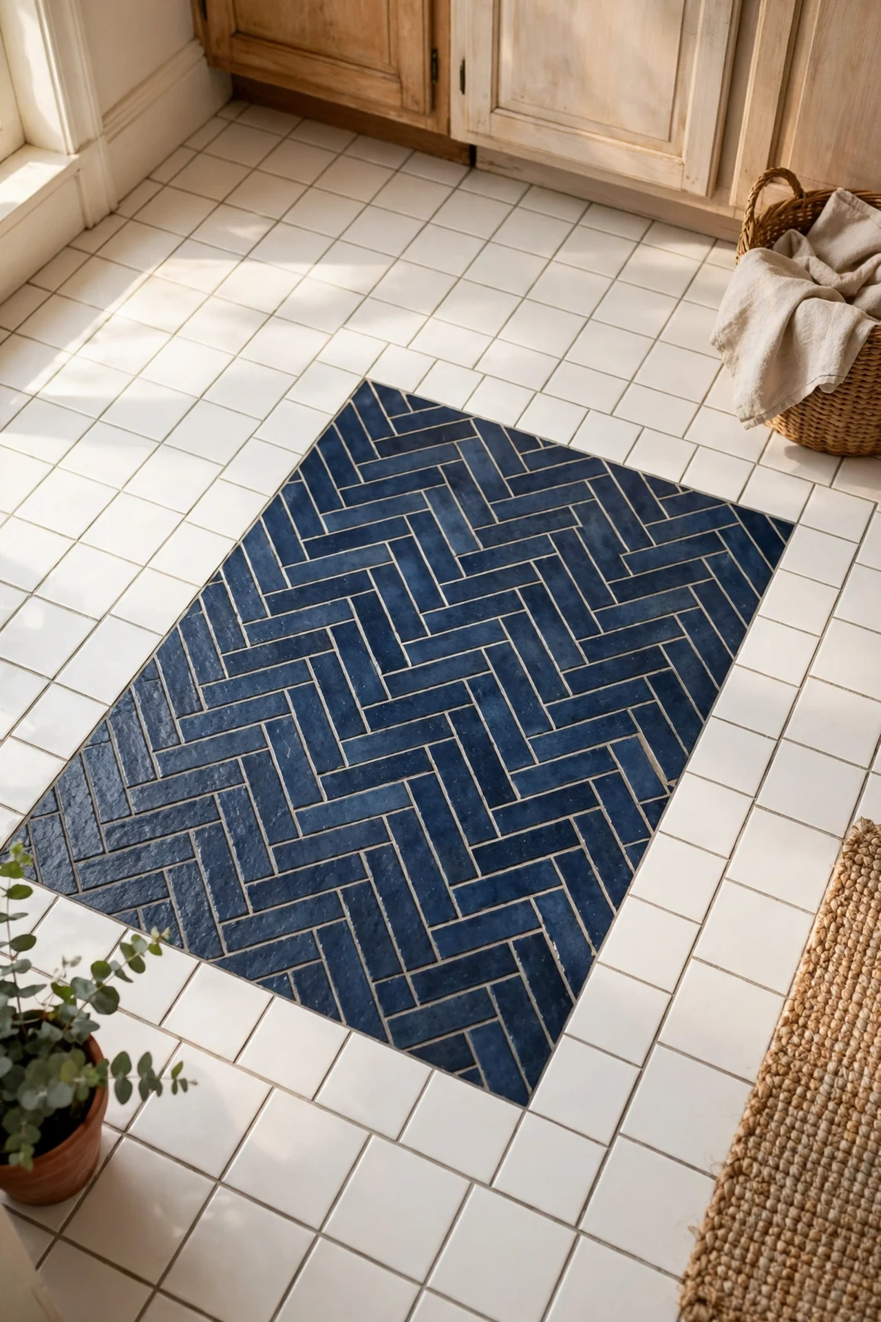 Navy herringbone tile inlay set into a pale kitchen floor