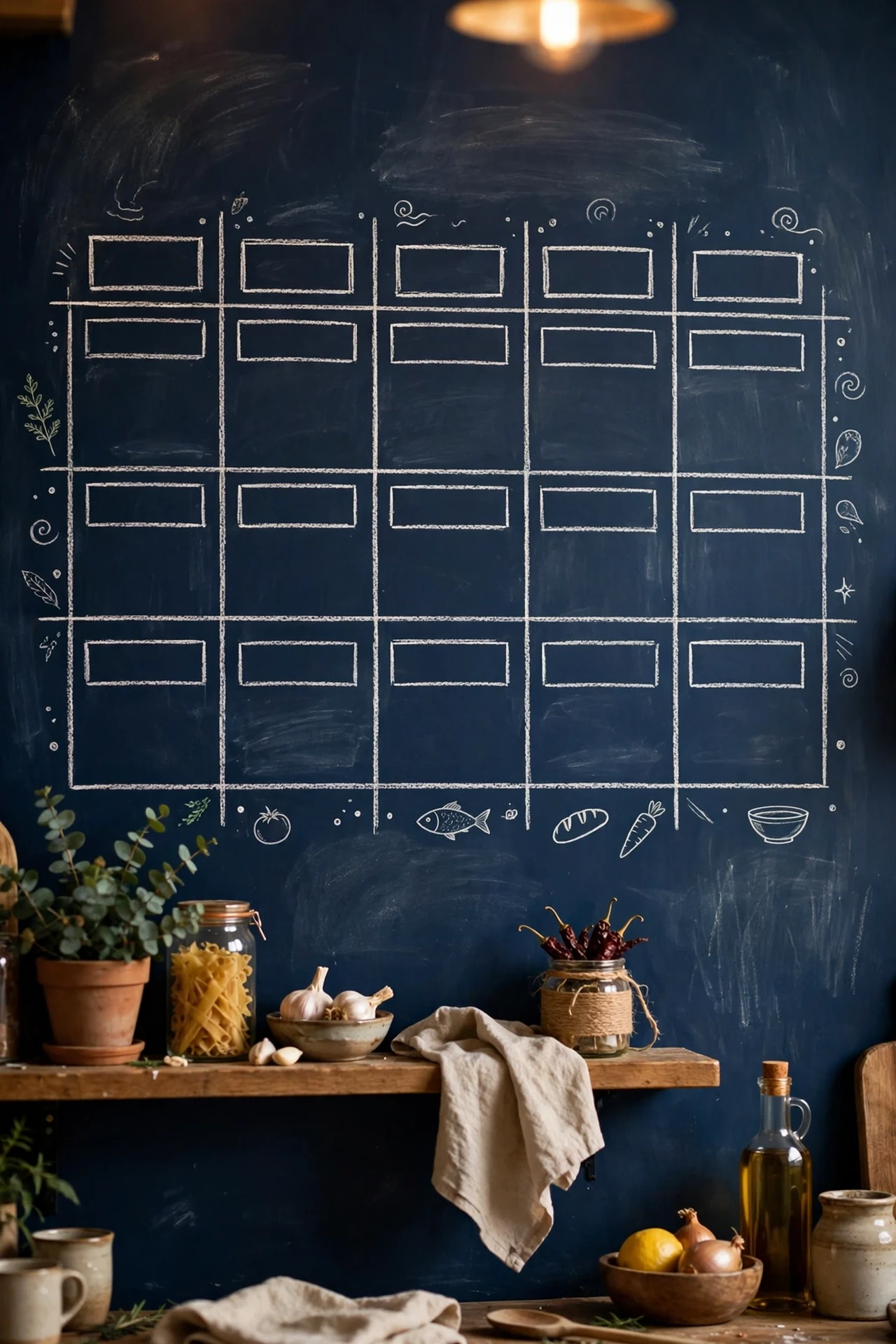 Navy chalkboard wall with white chalk weekly menu in kitchen