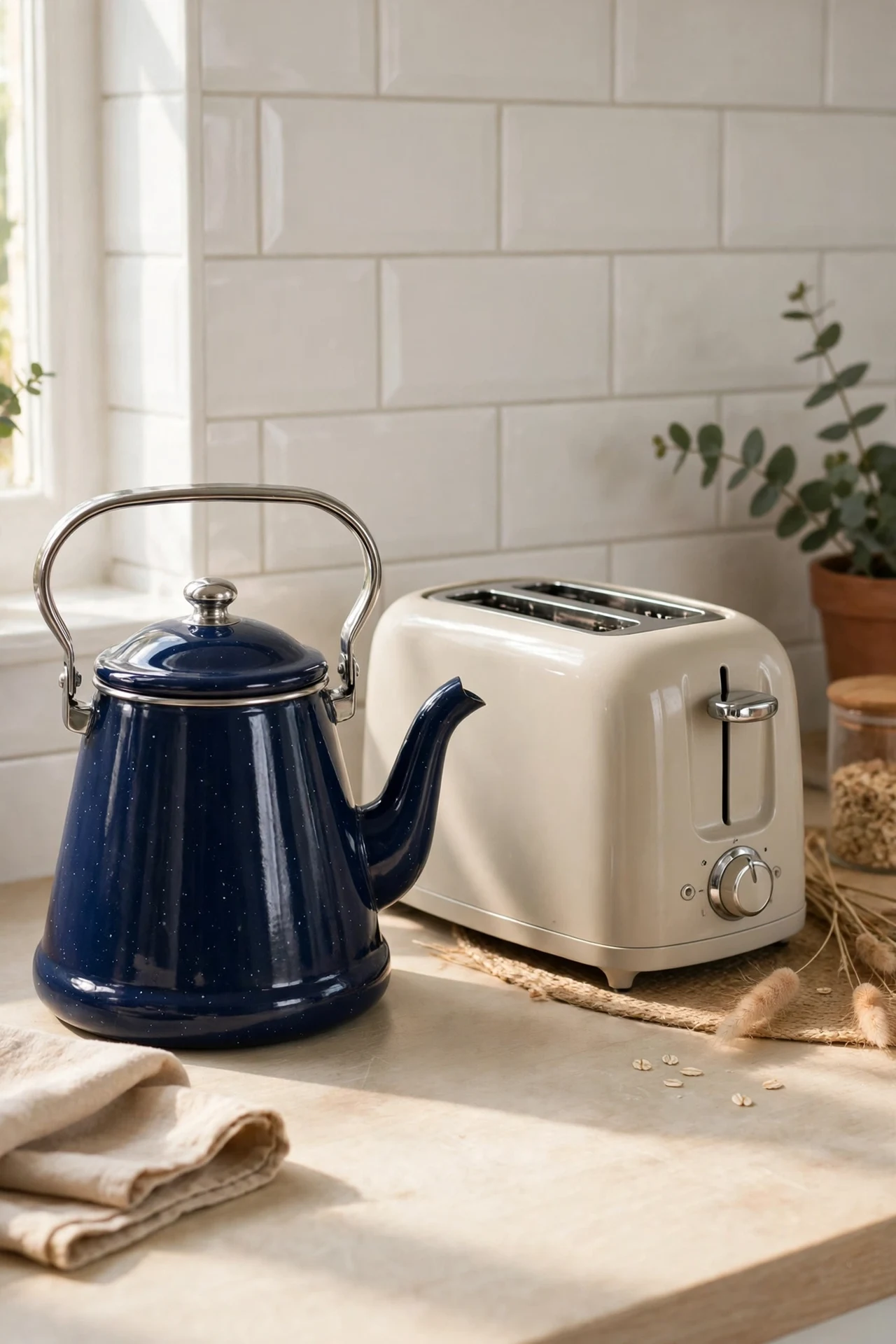Navy kettle and toaster as colour pops on a pale worktop