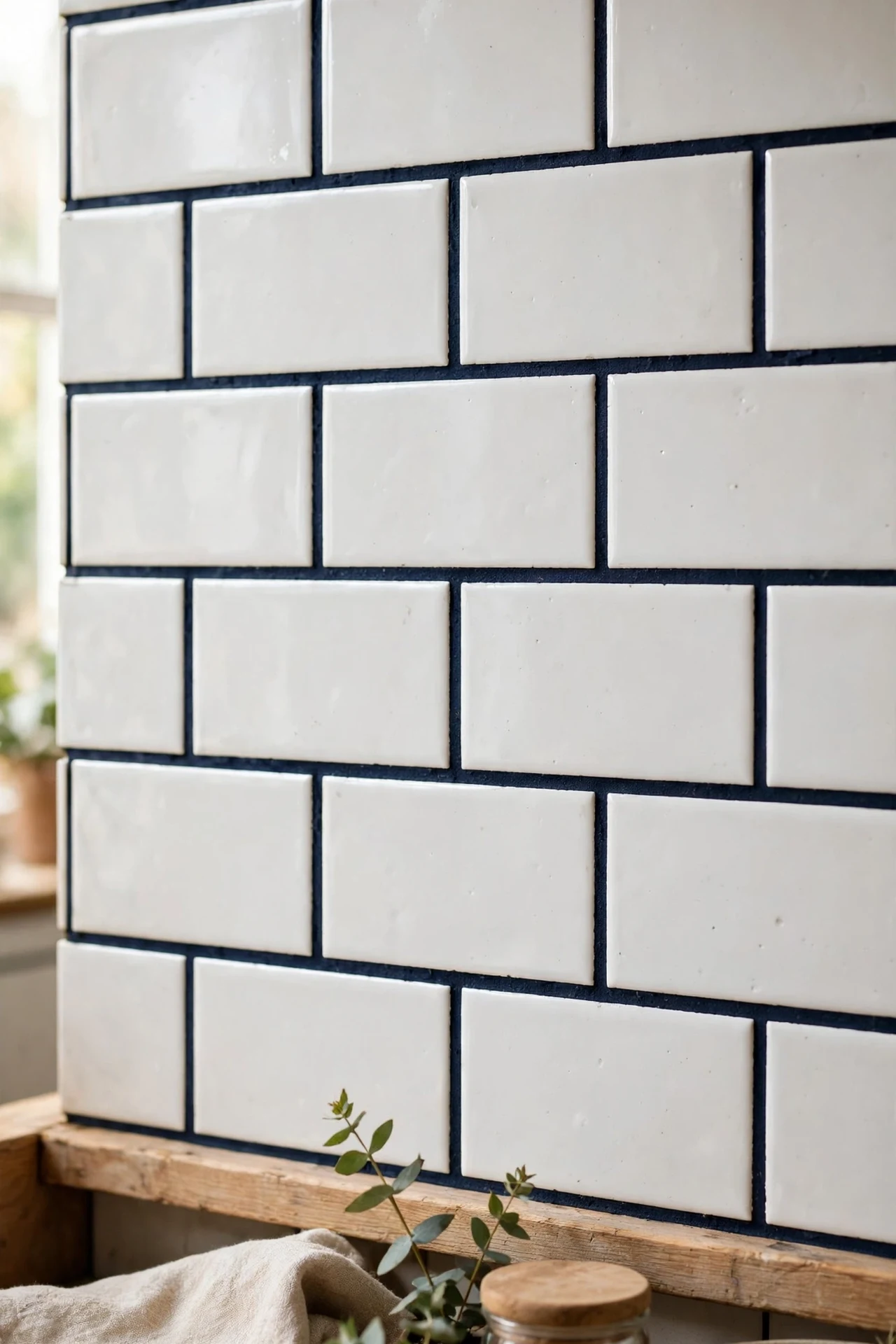 White subway tile backsplash with deep navy grout lines