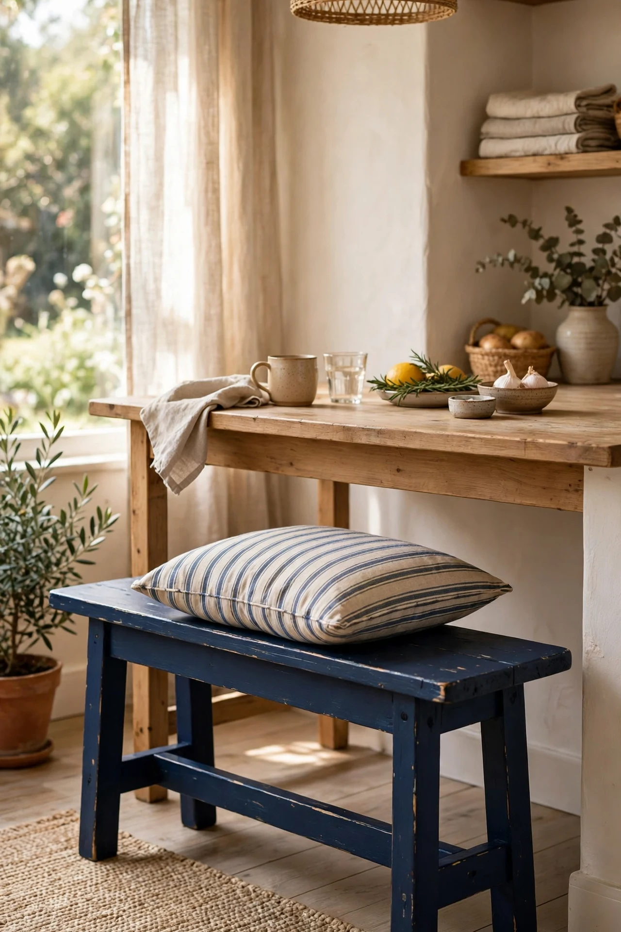 Navy painted wooden bench tucked under a kitchen table