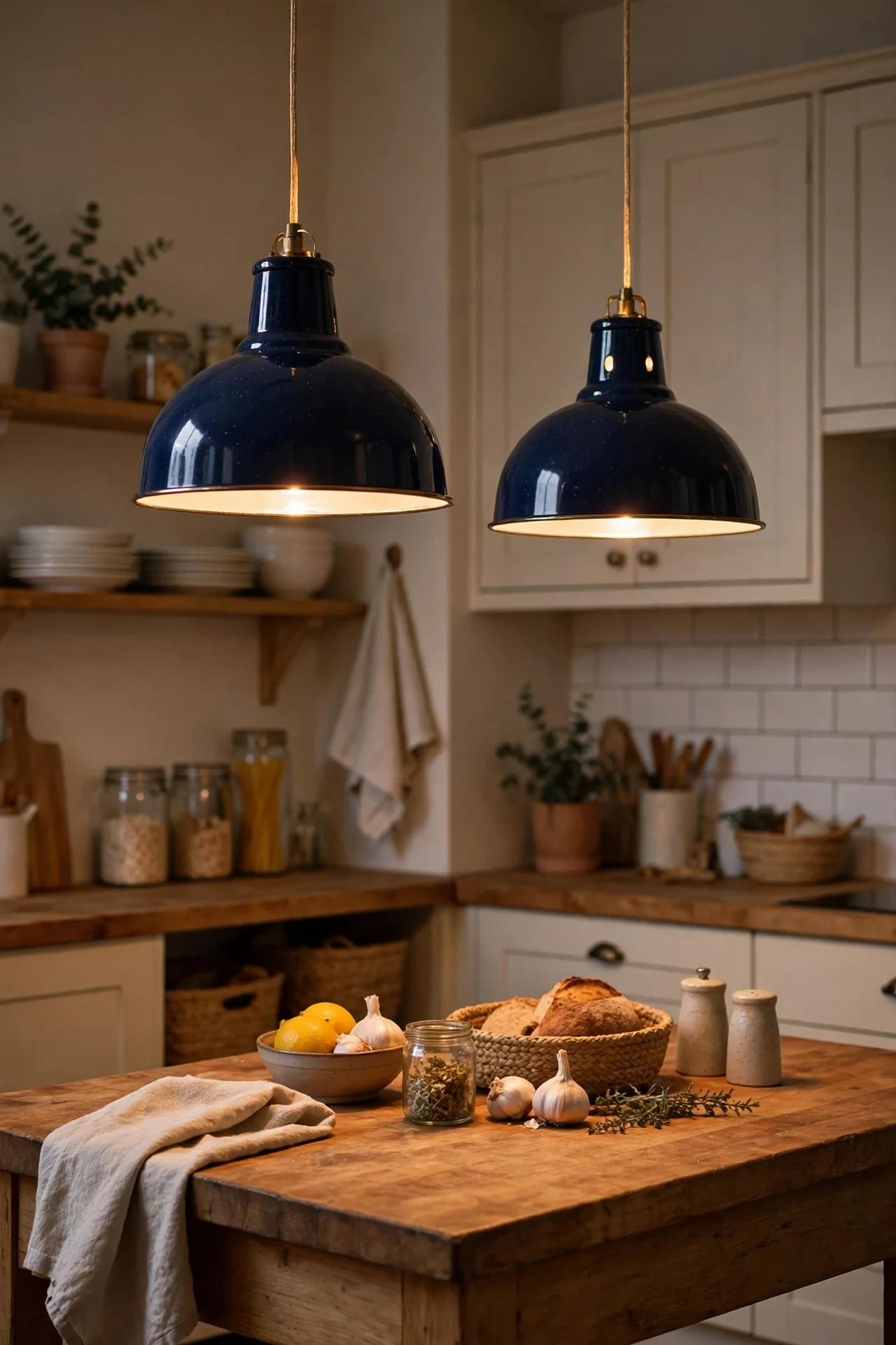 Navy enamel pendant lights hanging over a kitchen island