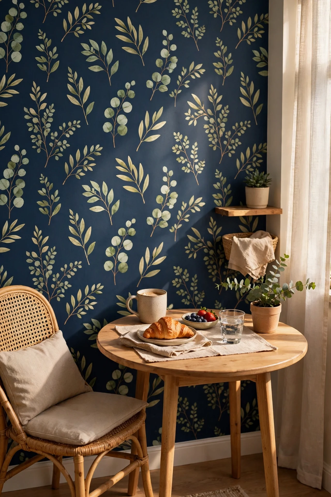 Peel and stick navy wallpaper in a small breakfast nook