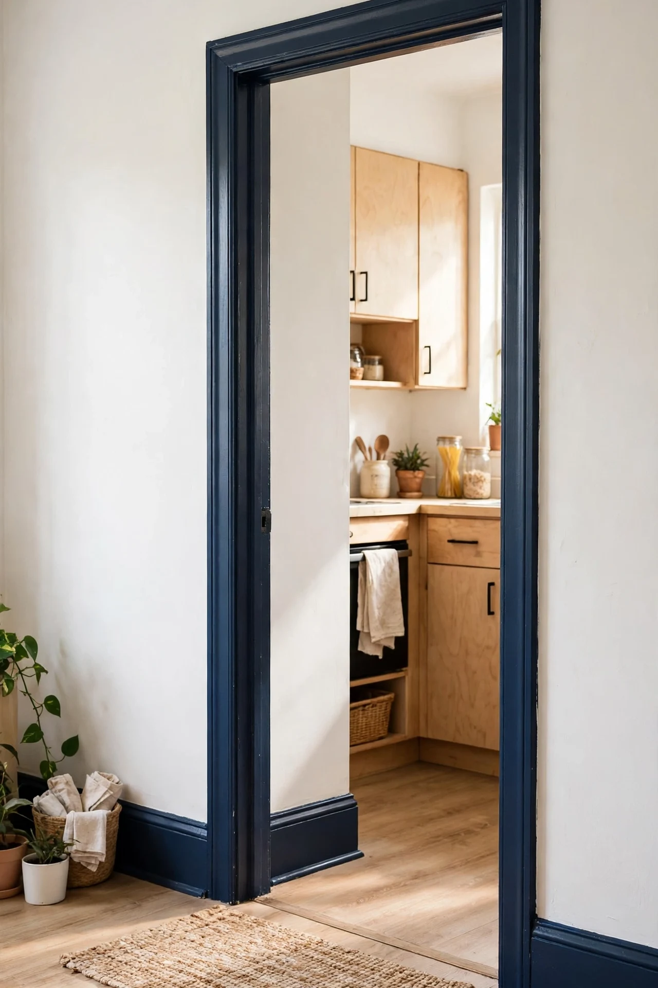 Navy baseboards and door trim with white kitchen walls