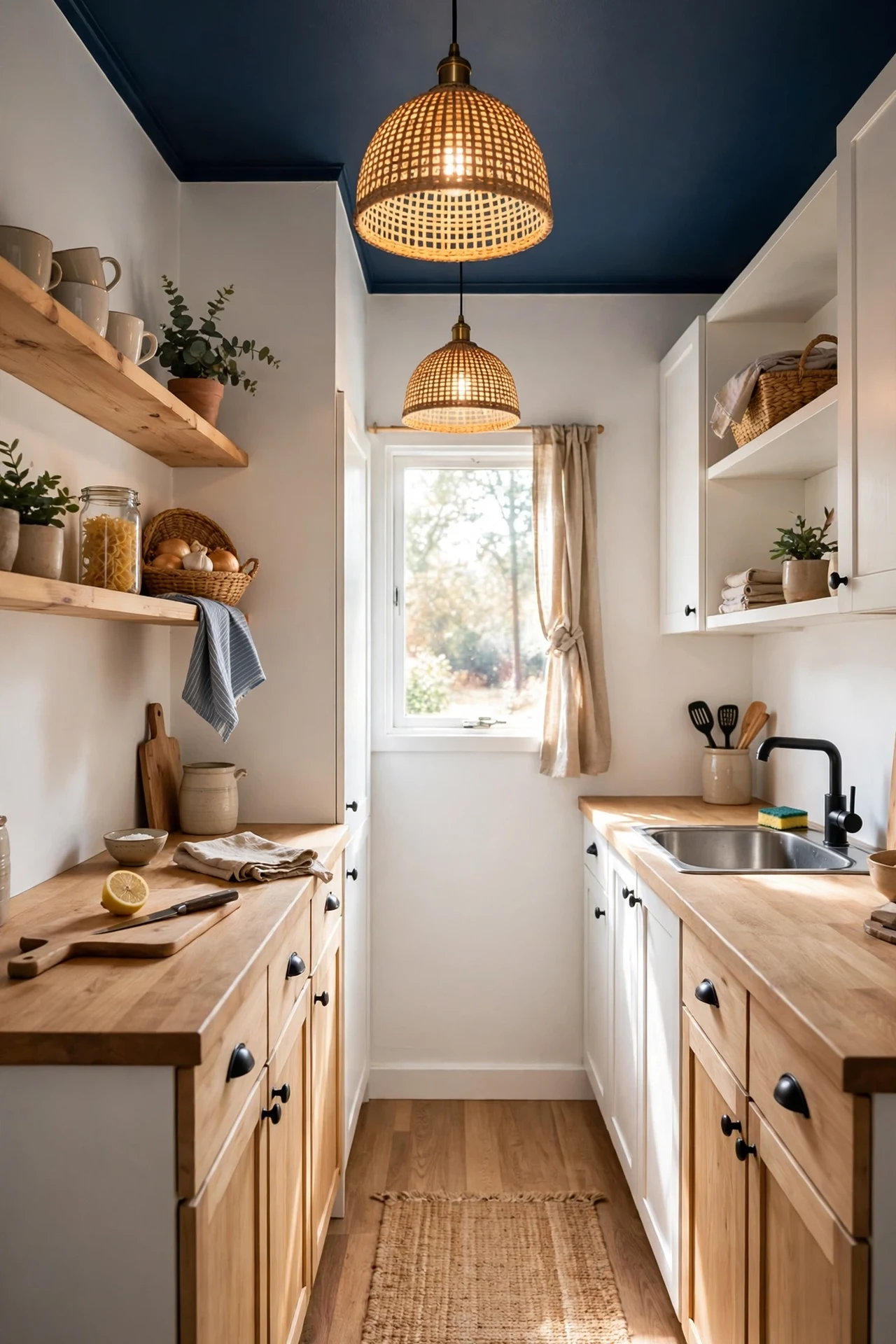 Navy painted ceiling in a small galley kitchen with white walls