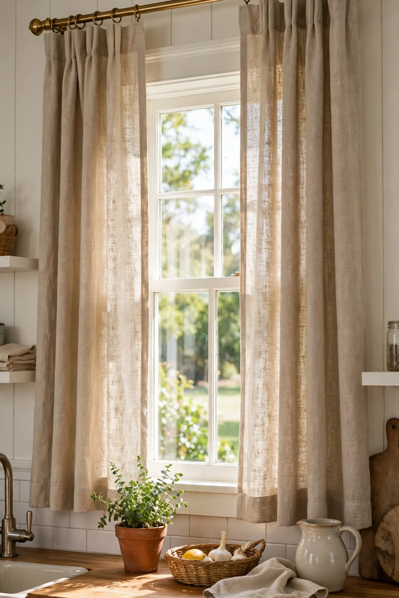 Beige linen curtain panels hanging at a bright kitchen window