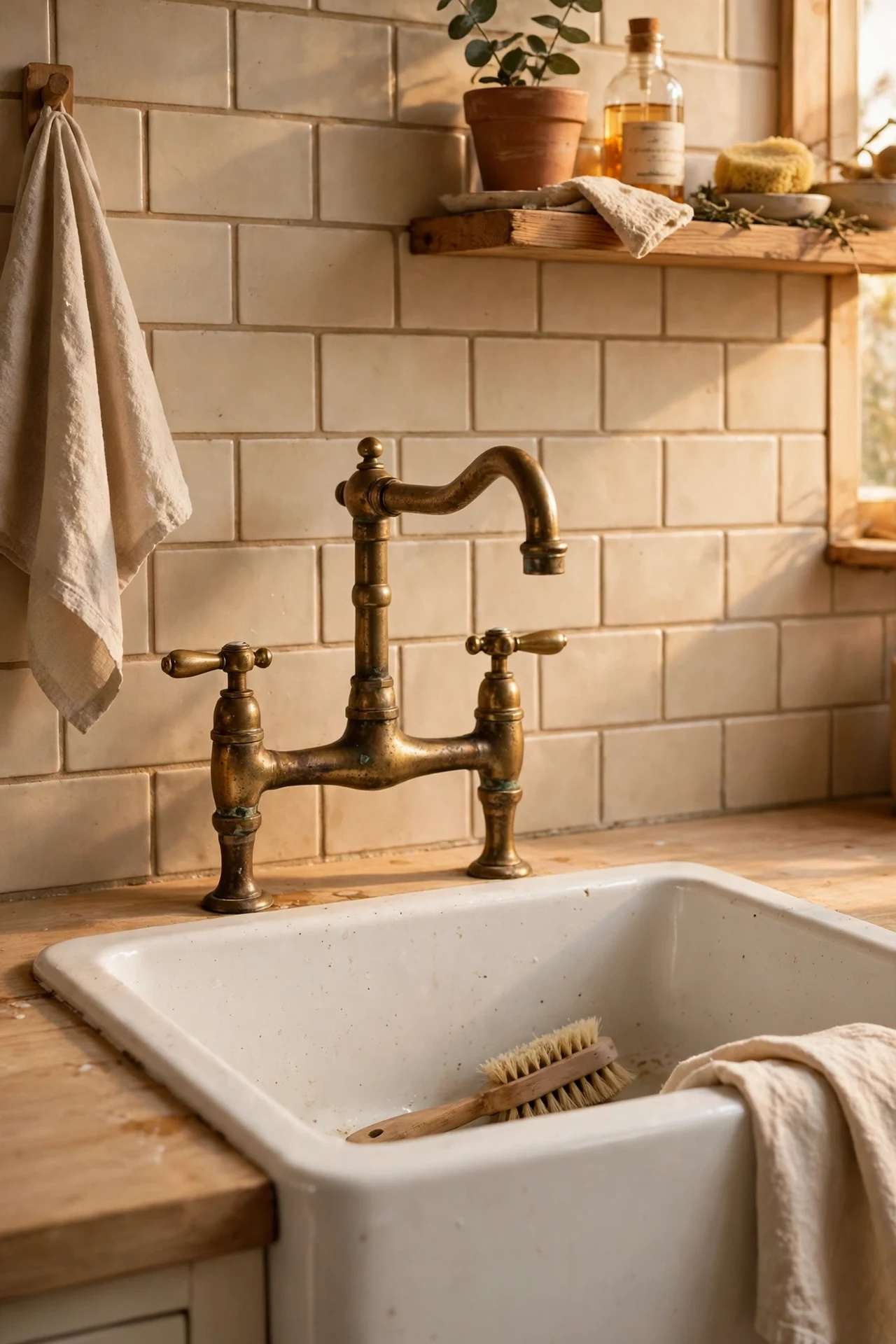 Aged brass bridge faucet on a vintage style kitchen sink