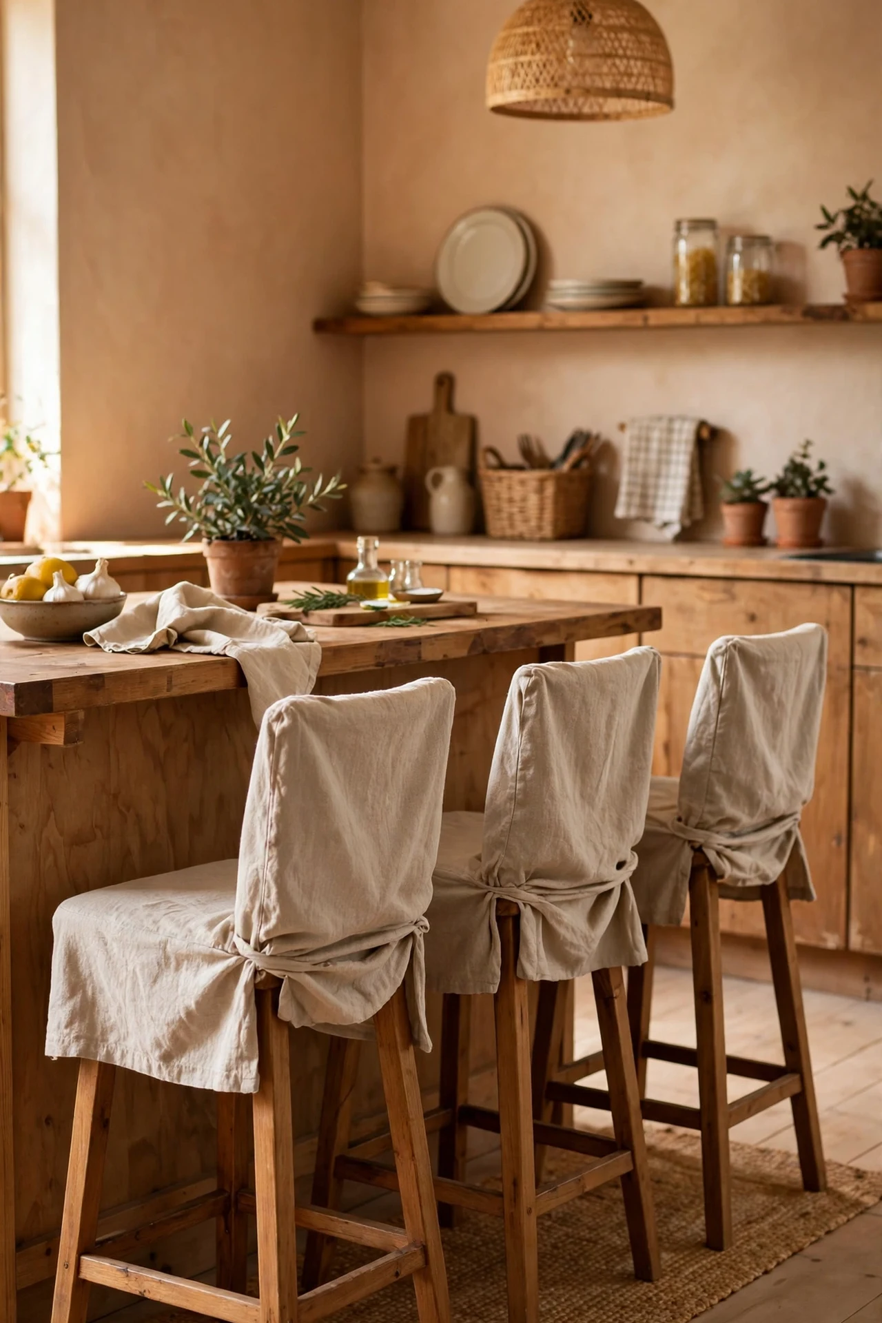 Counter stools with beige linen slipcovers in a warm kitchen
