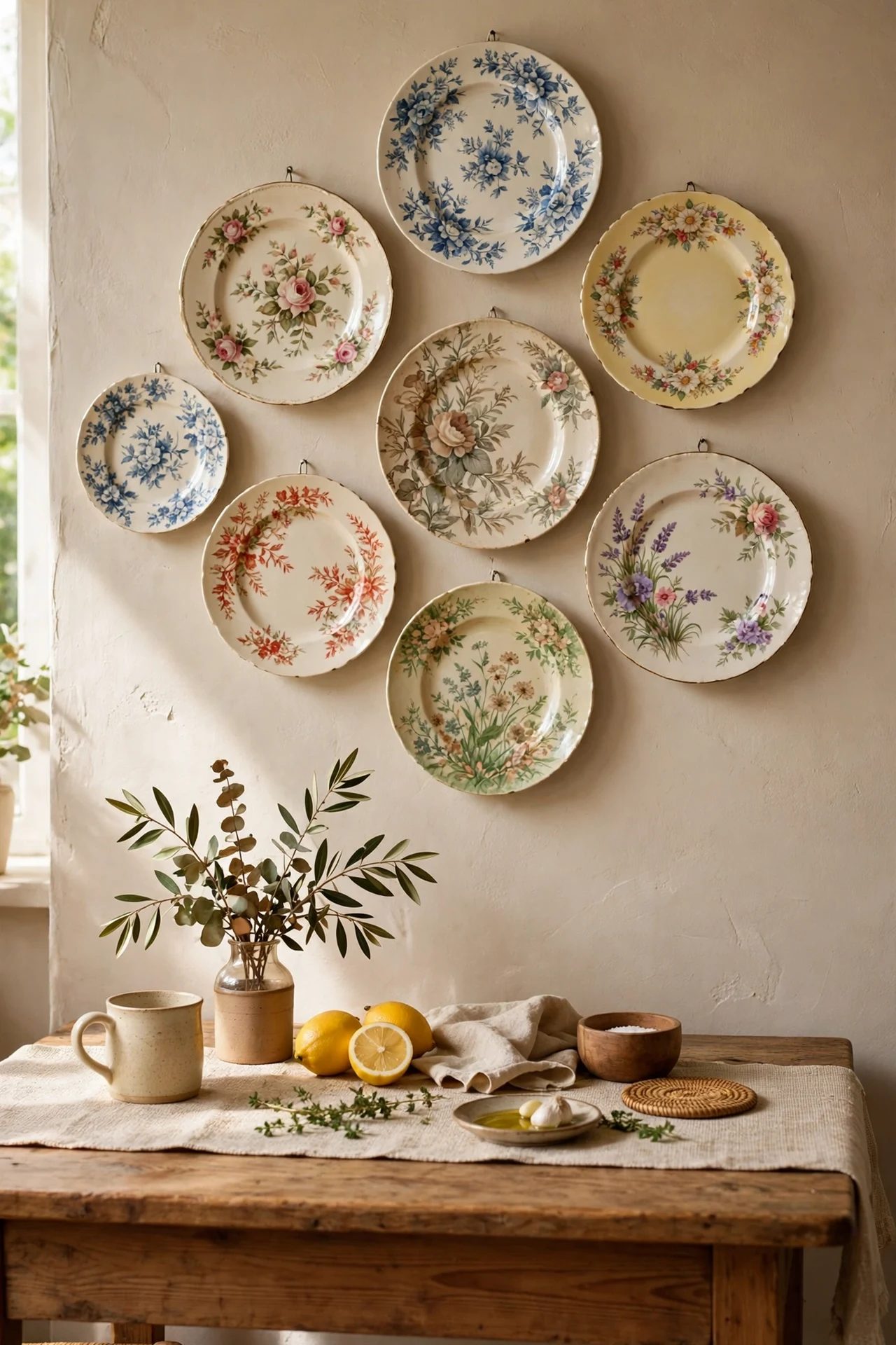 Vintage plate wall display above a kitchen dining table