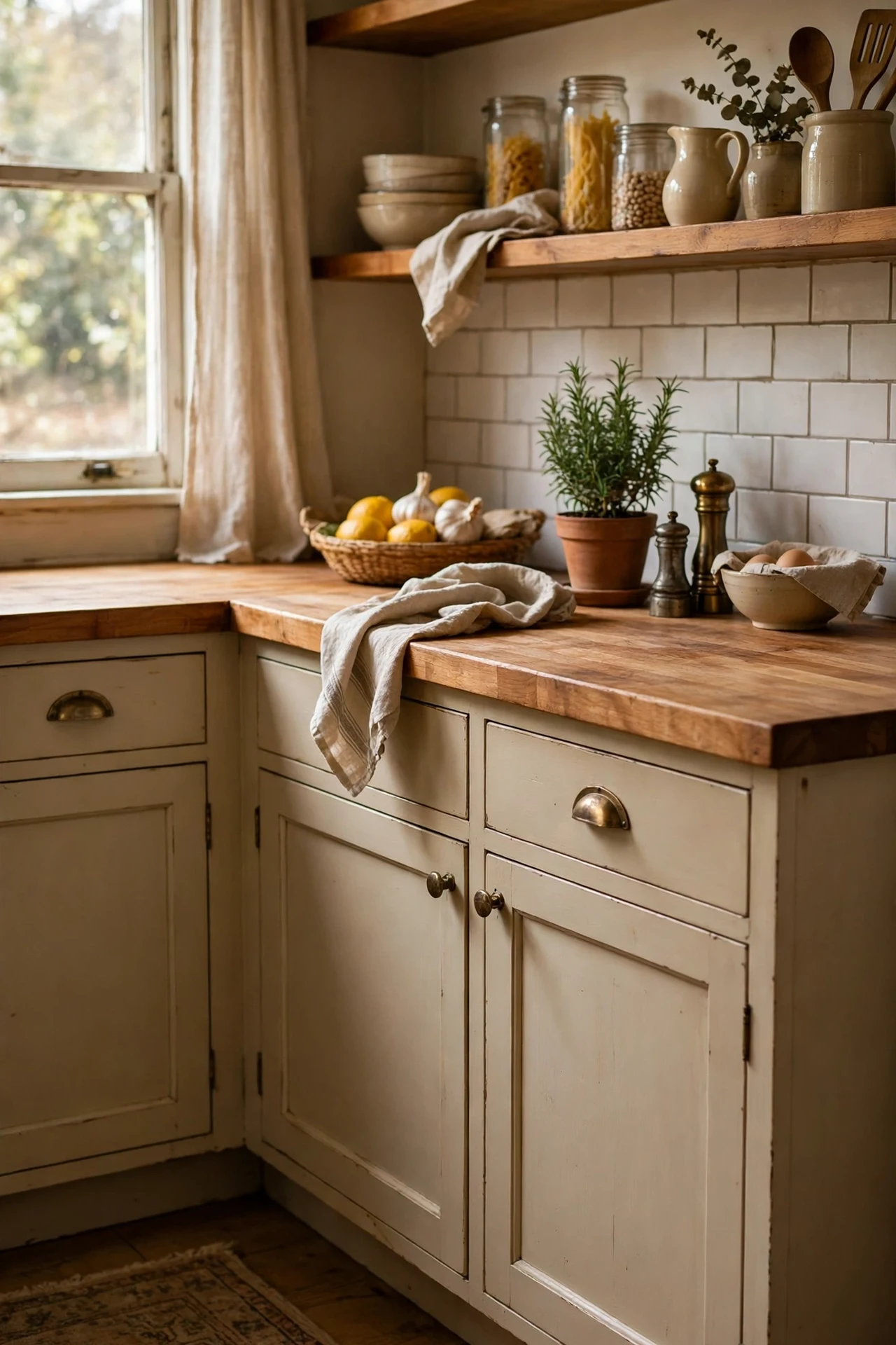 Warm butcher block style counters in a beige vintage kitchen