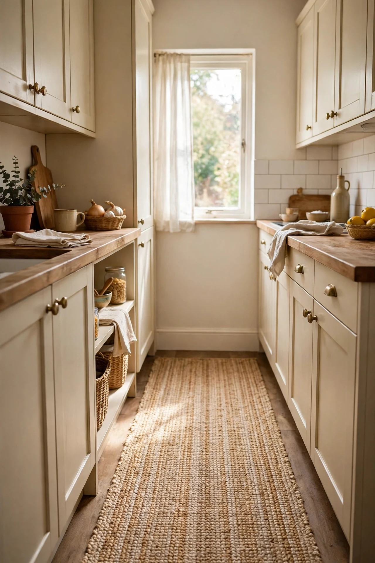 Beige jute runner rug laid down a cozy galley kitchen