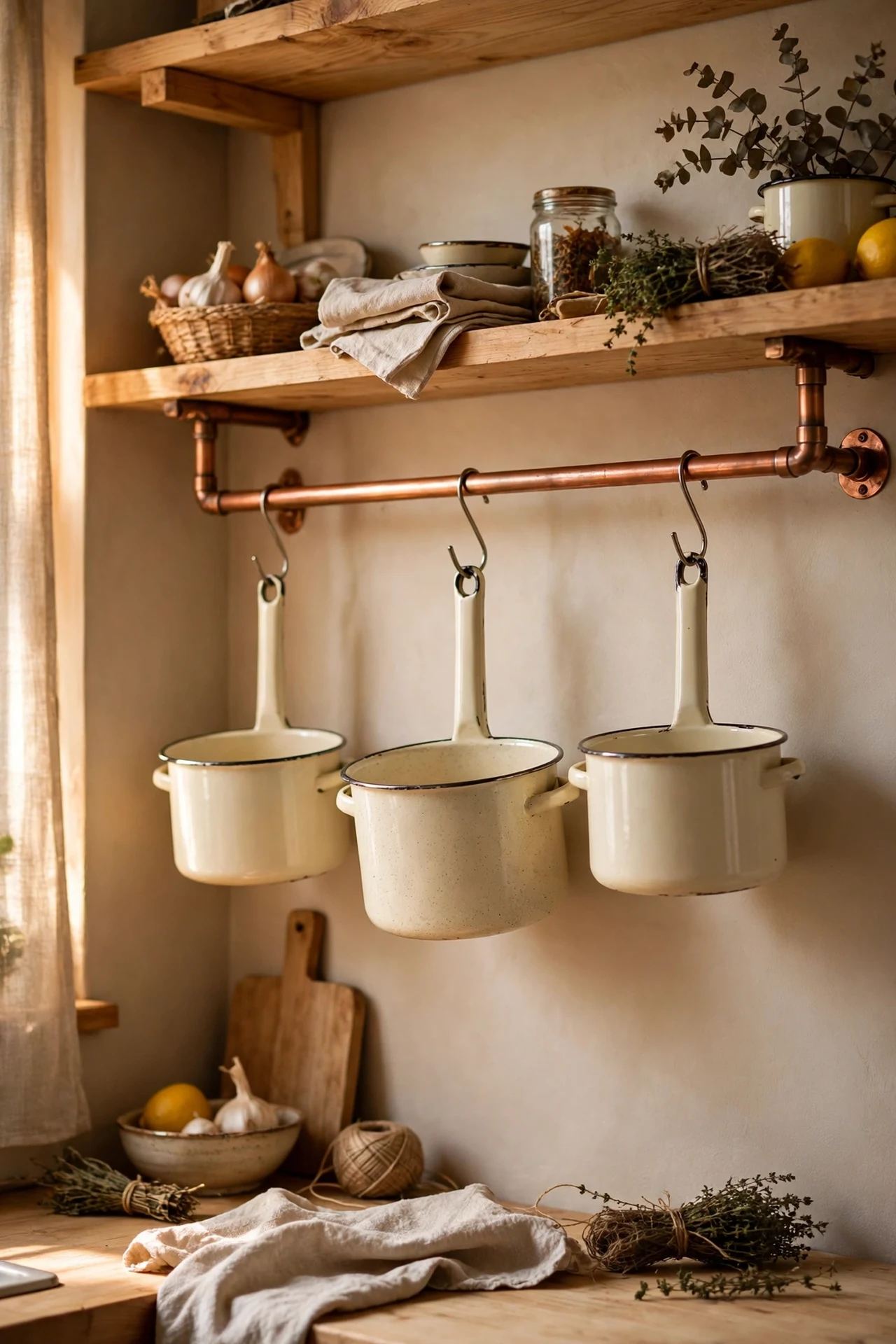 Copper pot rail with hanging cream enamelware in a kitchen